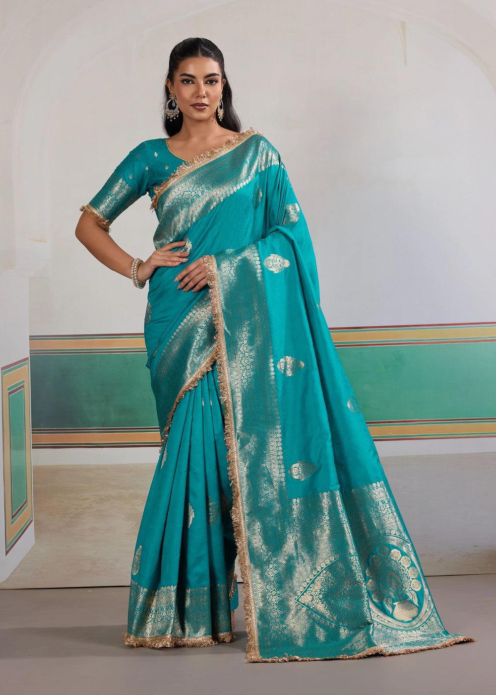 Cyan Bue Woven Banarasi Satin Silk Saree Japan Satin Saree Anant Tex Exports Pvt.Ltd..
