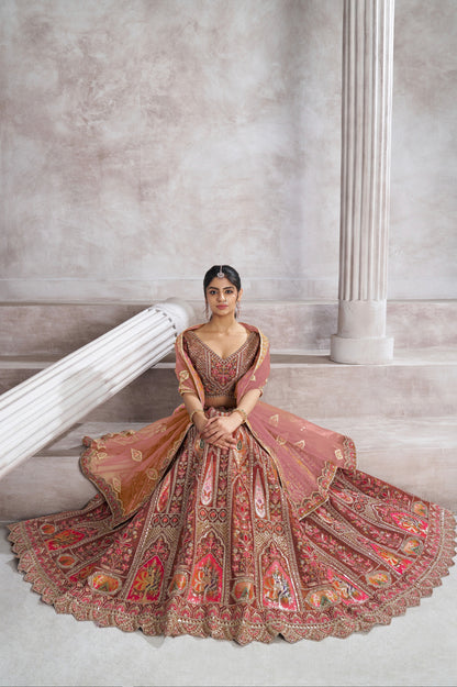 Coffee Banarasi Silk Lehenga with Aari Embroidery &amp; Dupatta