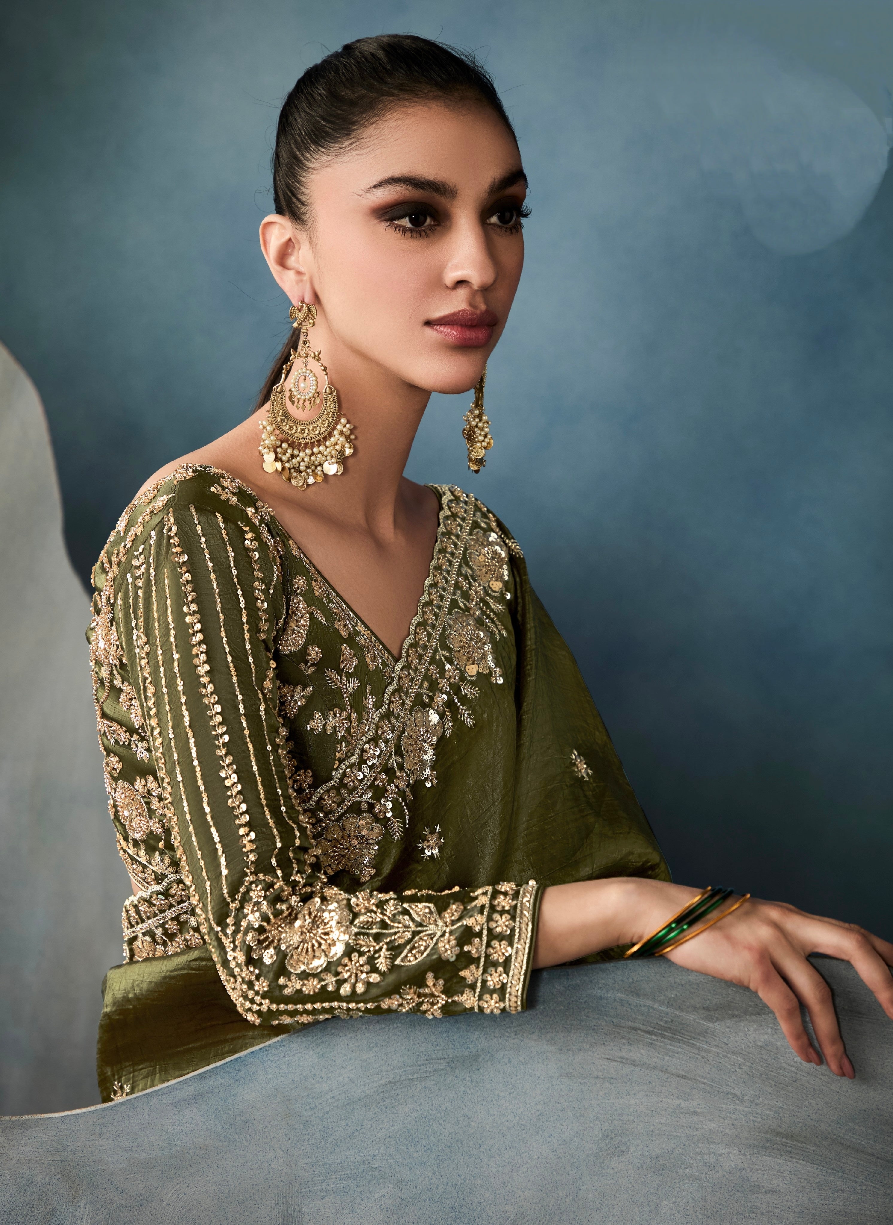 Wedding Special Olive Green Embroidered Tissue Saree