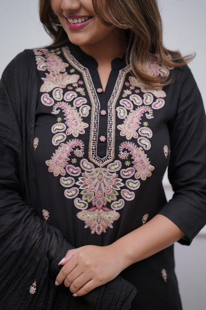 Black Viscose Chanderi Kurti Set with Embroidery &amp; Dupatta