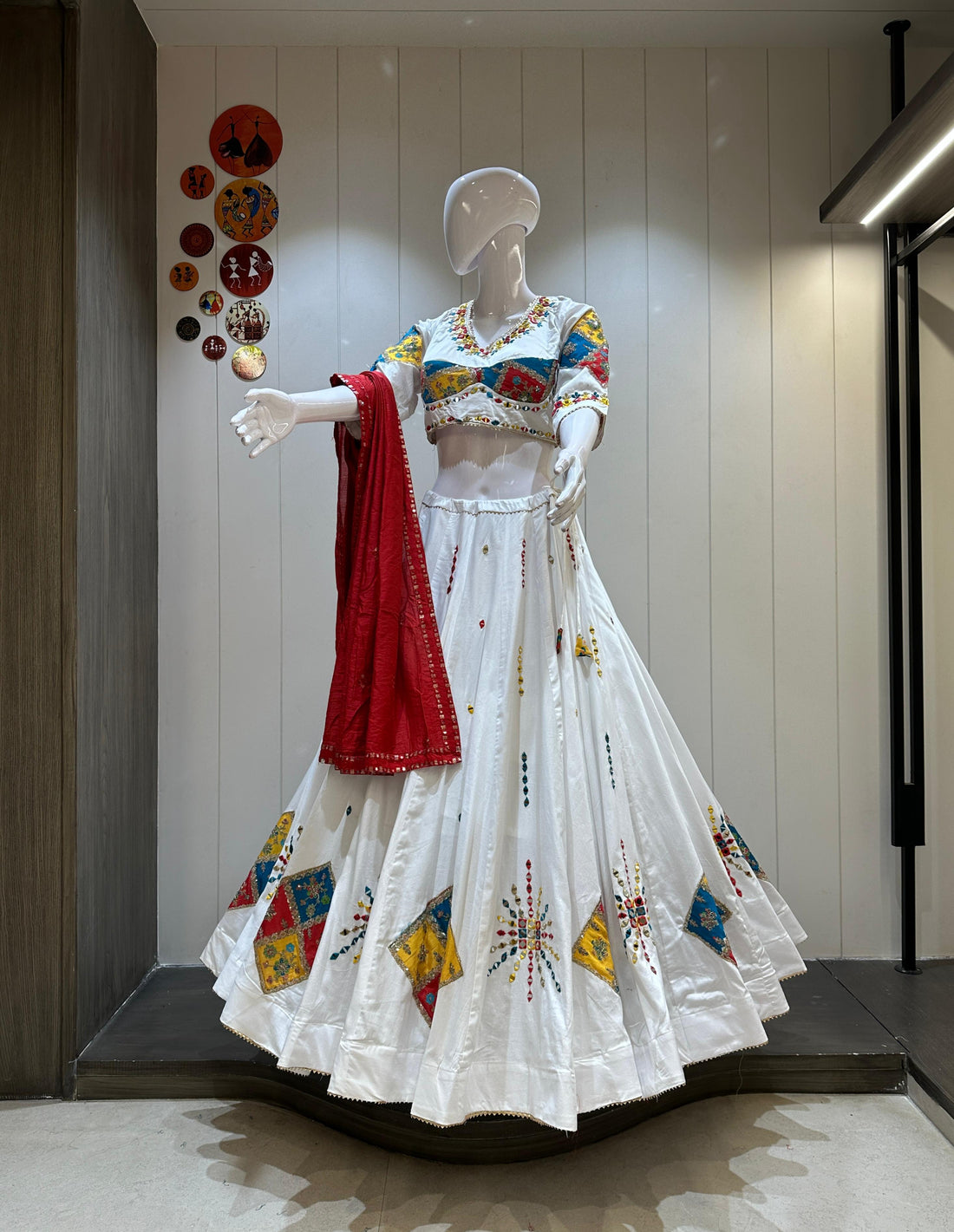 White Jaam Cotton Mirror Work Chaniya Choli with Red Dupatta

