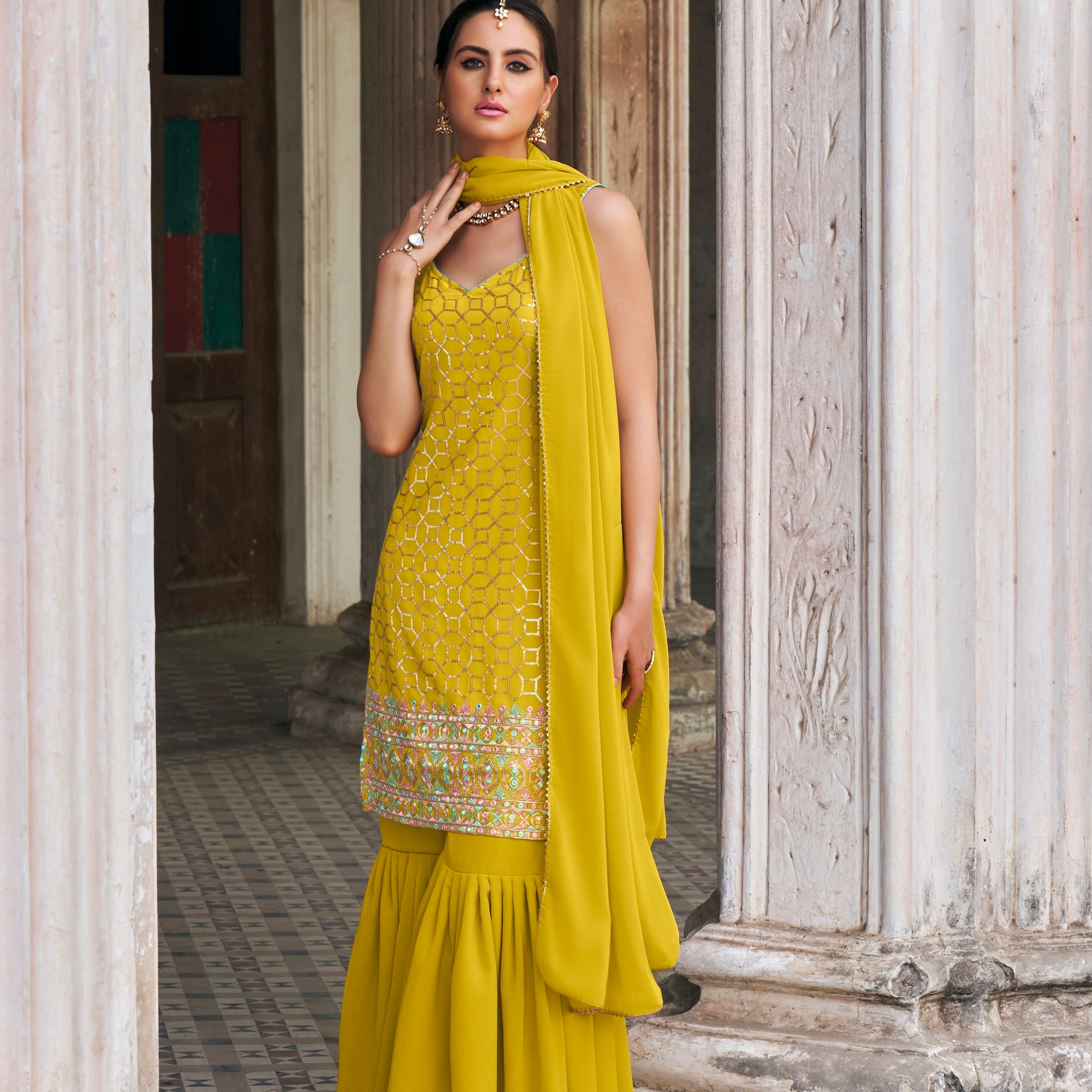 Elegant Yellow Sharara Suit with Embroidery and Sequence Work
