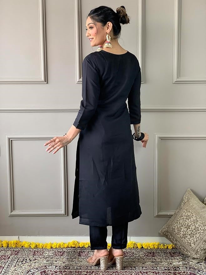 Black Viscose Chanderi Kurti Set with Embroidery & Dupatta