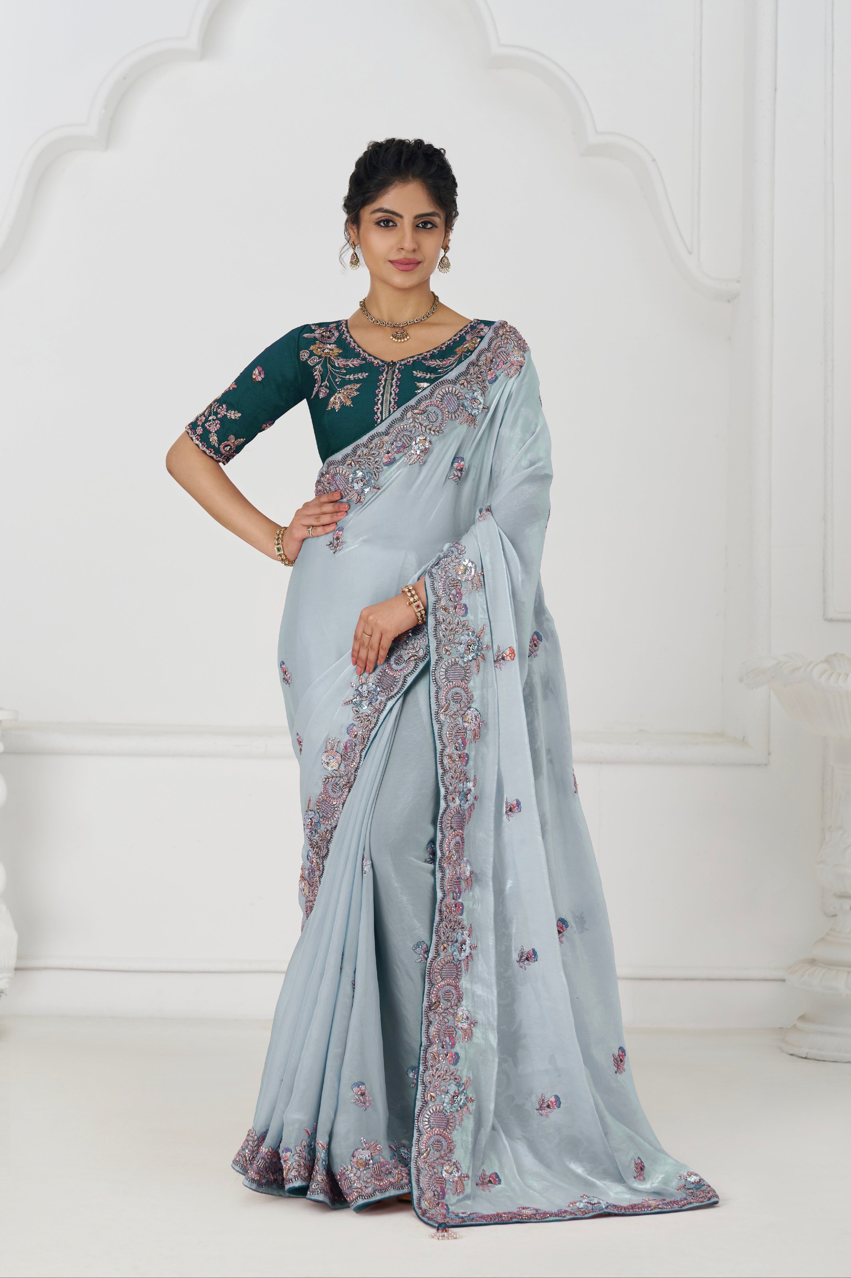 Grey ethnic saree with zari and sequin details