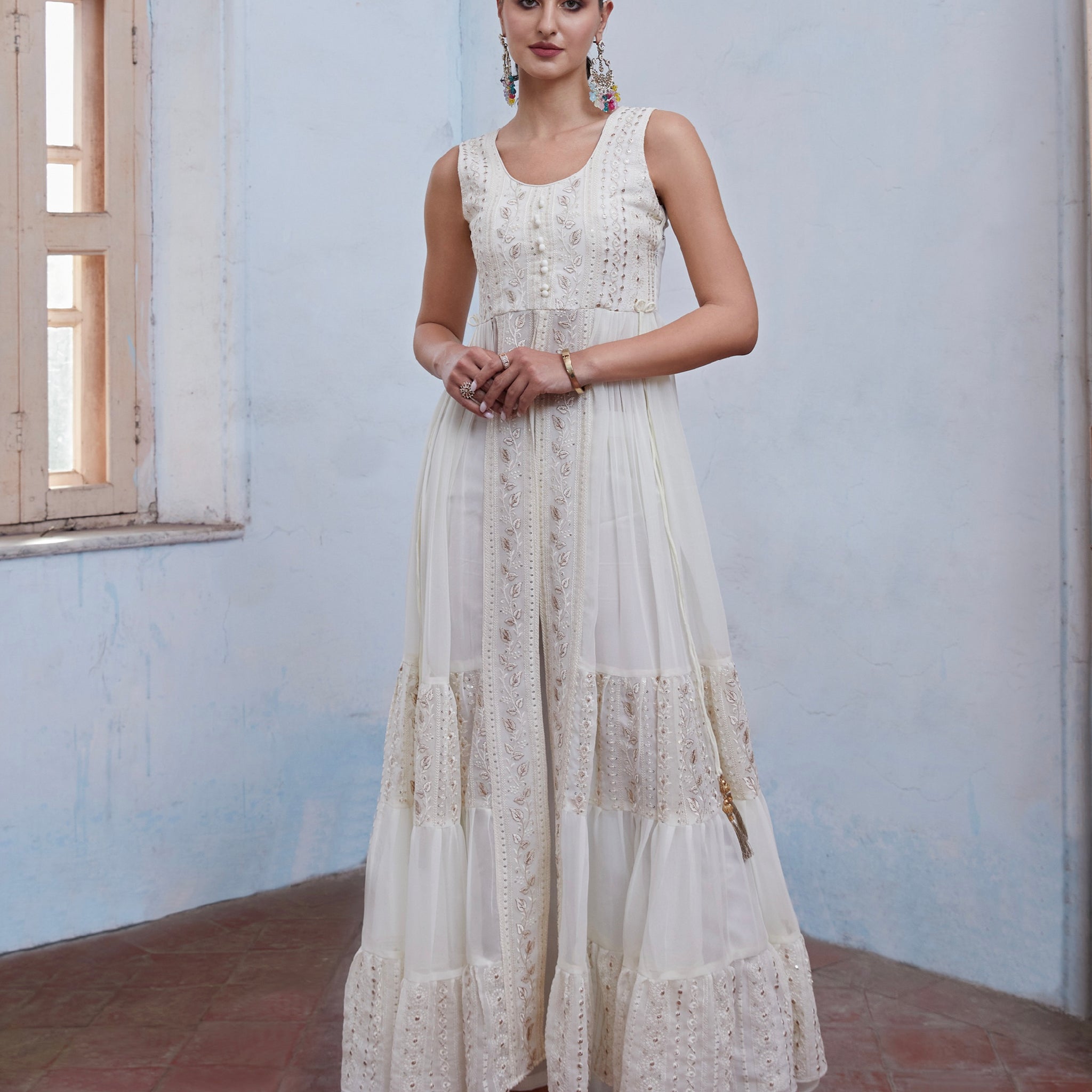 Off White Anarkali In Georgette With Sequins & Thread Embroidery