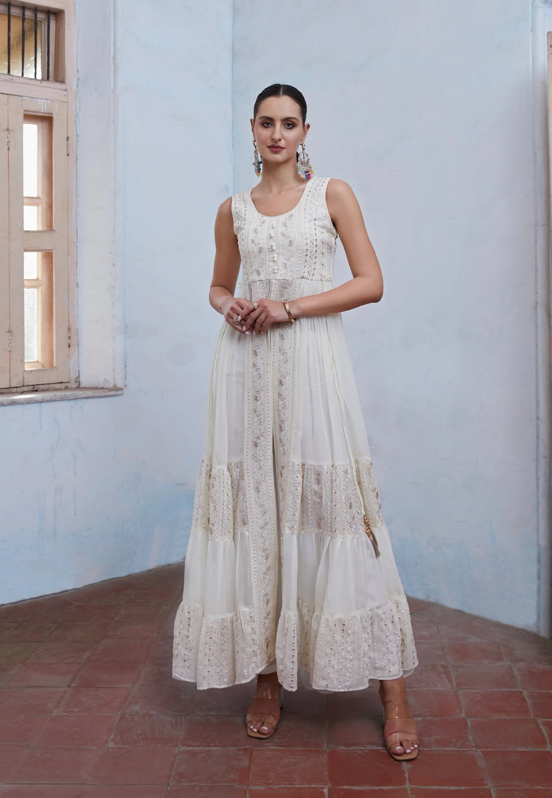Off White Anarkali In Georgette With Sequins &amp; Thread Embroidery