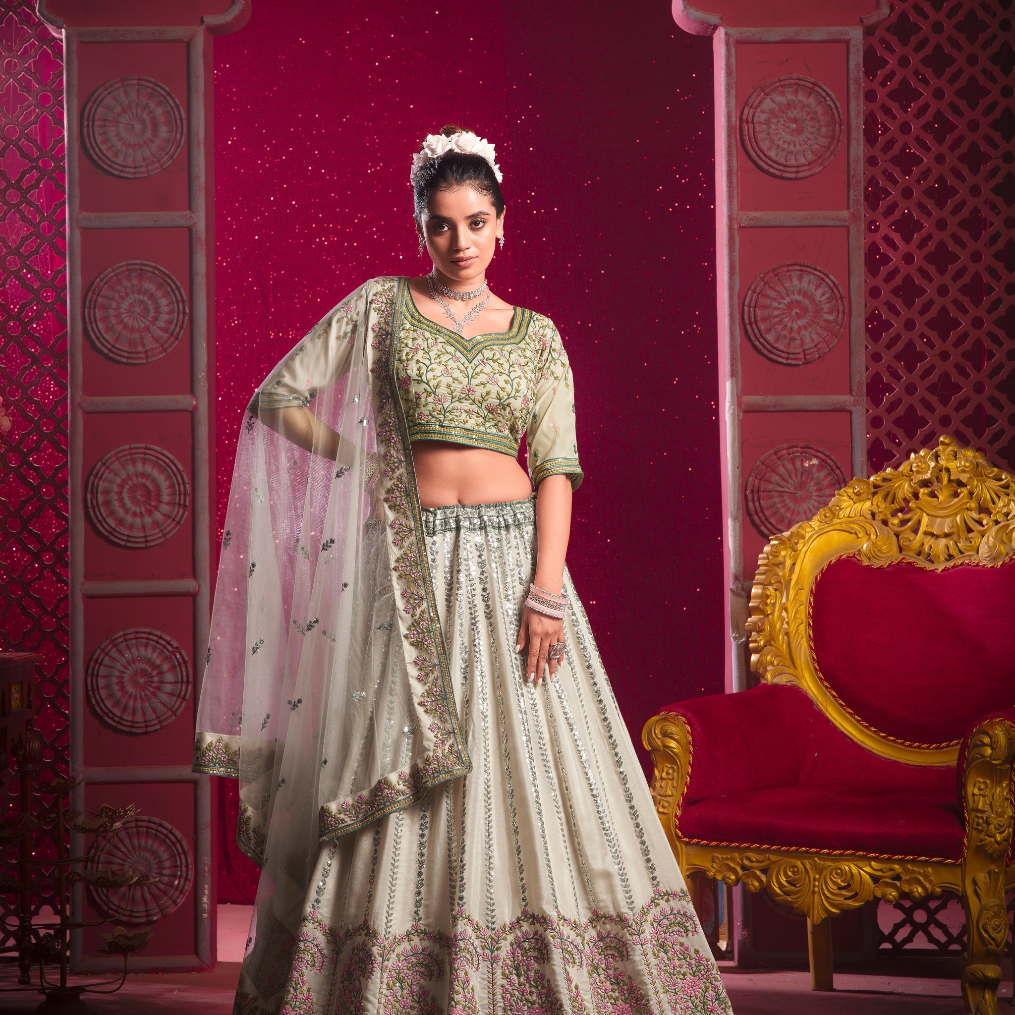 Off-White Lehenga in Vanilla Shine Silk & Sequins & Thread Embroidery