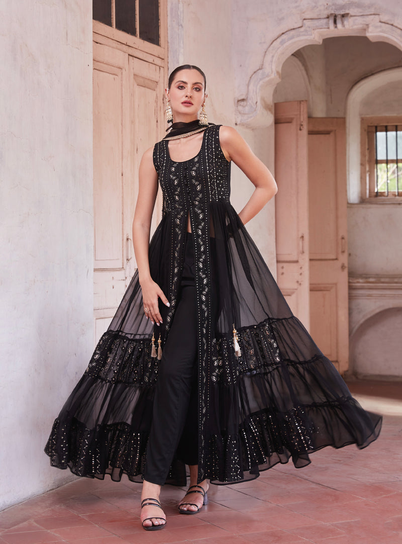 Black Anarkali Gown In Georgette With Zari Embroidery