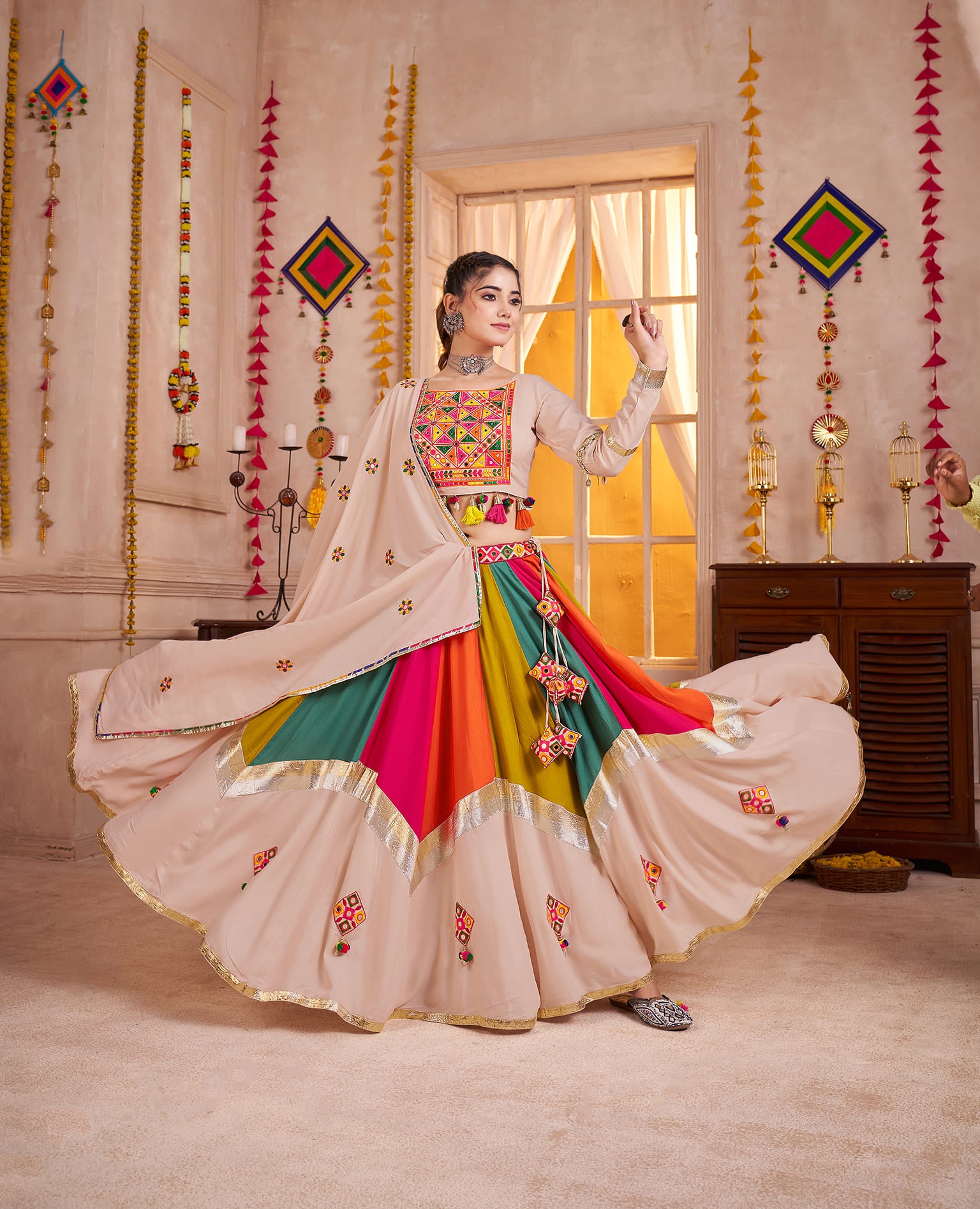 Beige Multicolor Navratri Chaniya Choli with Mirror Embroidery