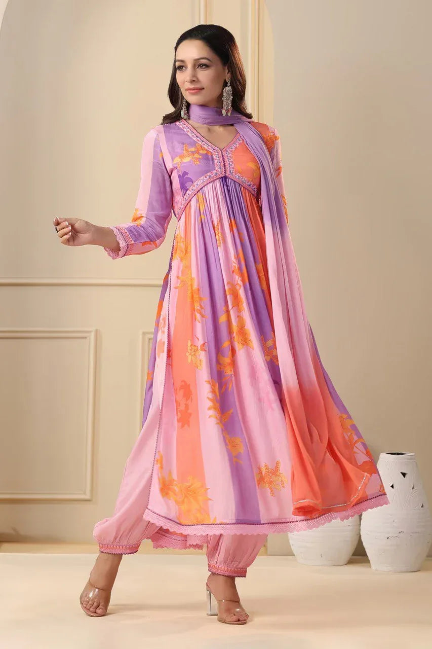 Beautiful Party Wear Pure Muslin Alia Cut Suit With Dupatta - Anant Exports