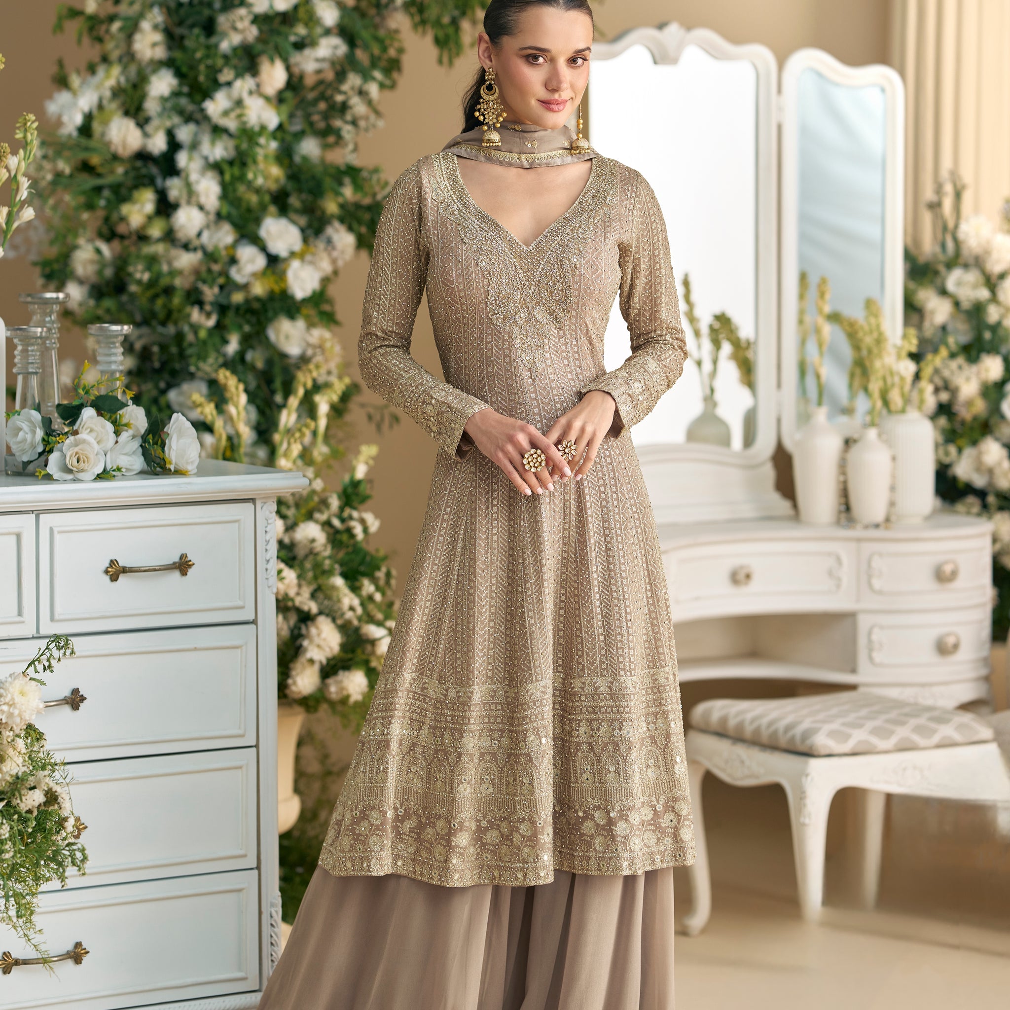 Luxury Beige Heavy Embroidered Palazzo Suit