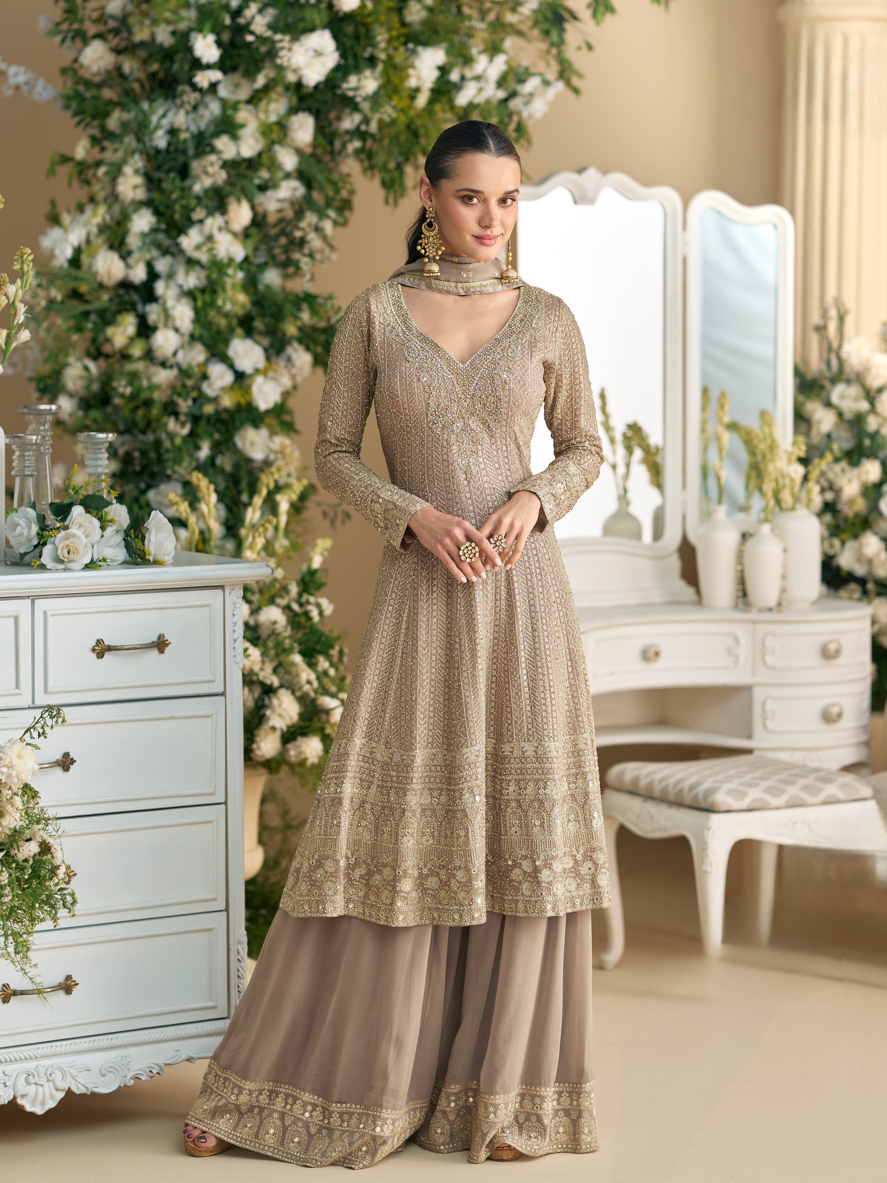 Luxury Beige Heavy Embroidered Palazzo Suit