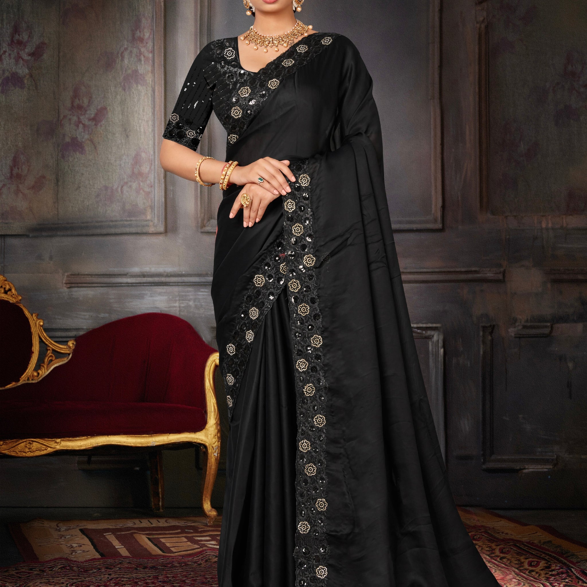 Beautiful Designer Party Wear Georgette With Heavy Sequins Embroidery Saree