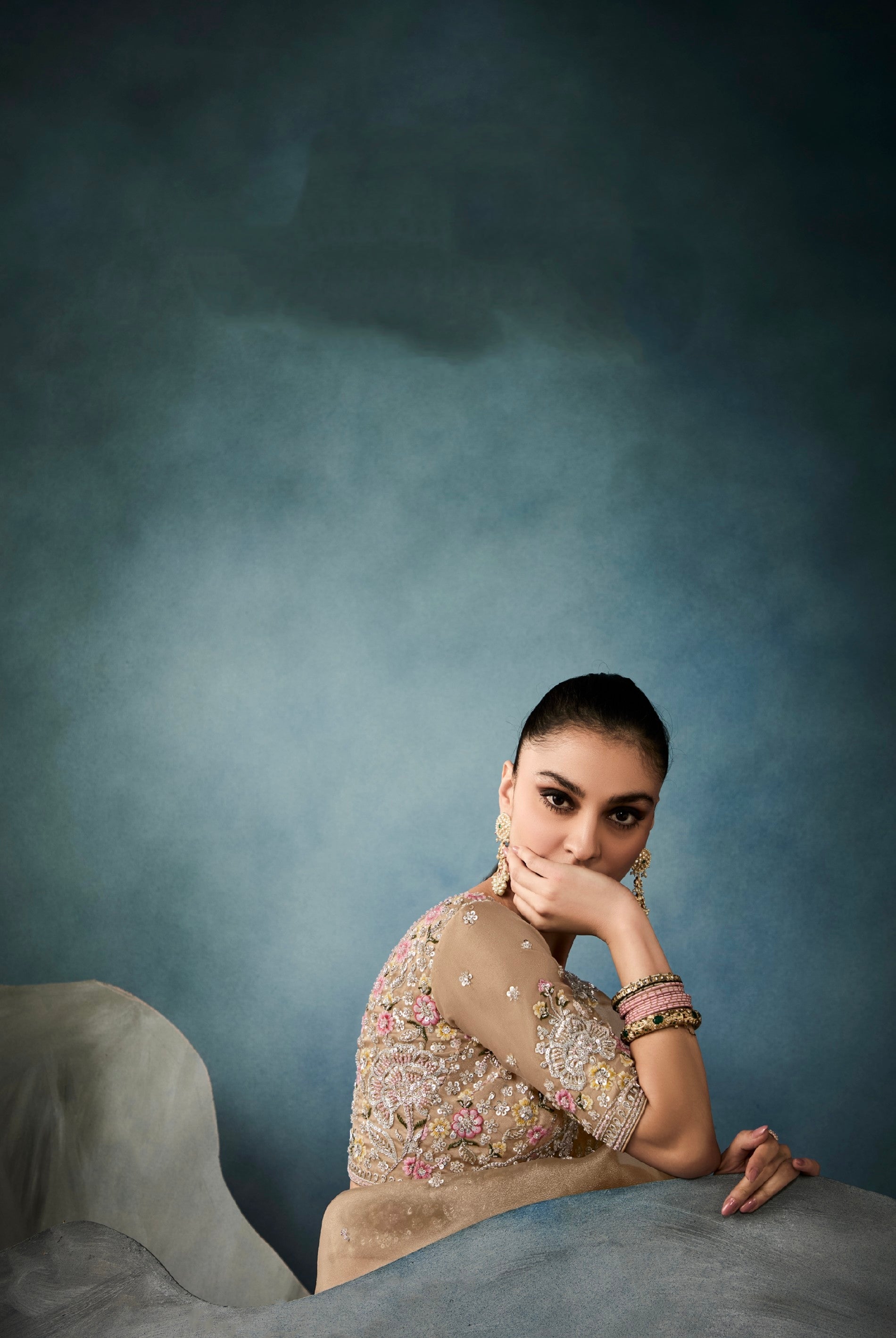 Party wear champagne gold tissue saree with fine embroidery

