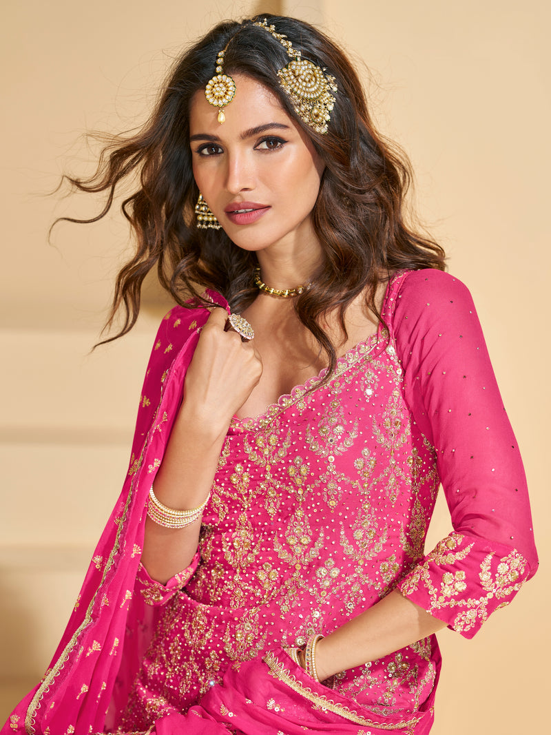 Hot Pink & Orange Heavy Embroidered Georgette Sharara Suit