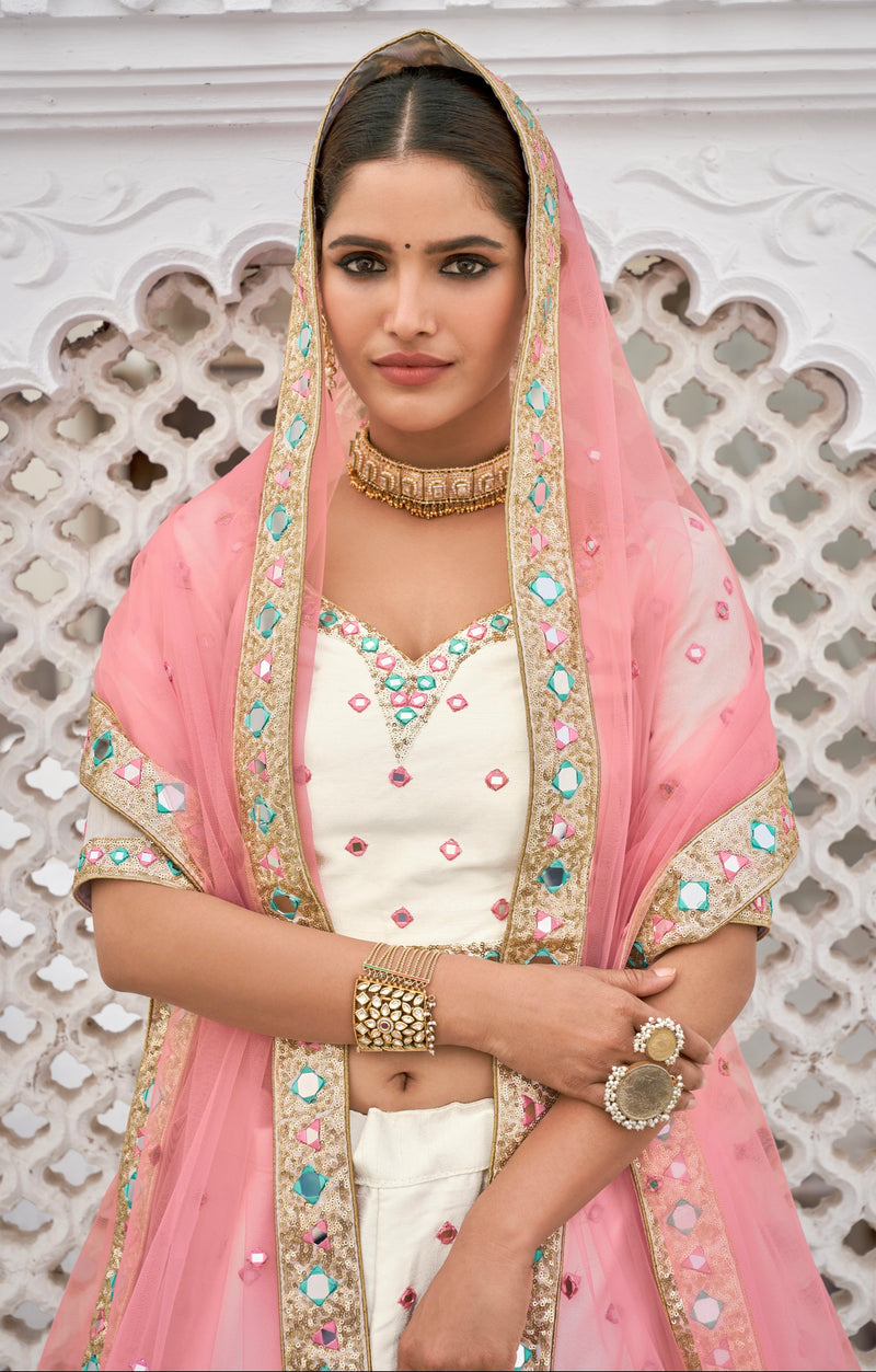 Close-up of mirror work choli and pink net dupatta


