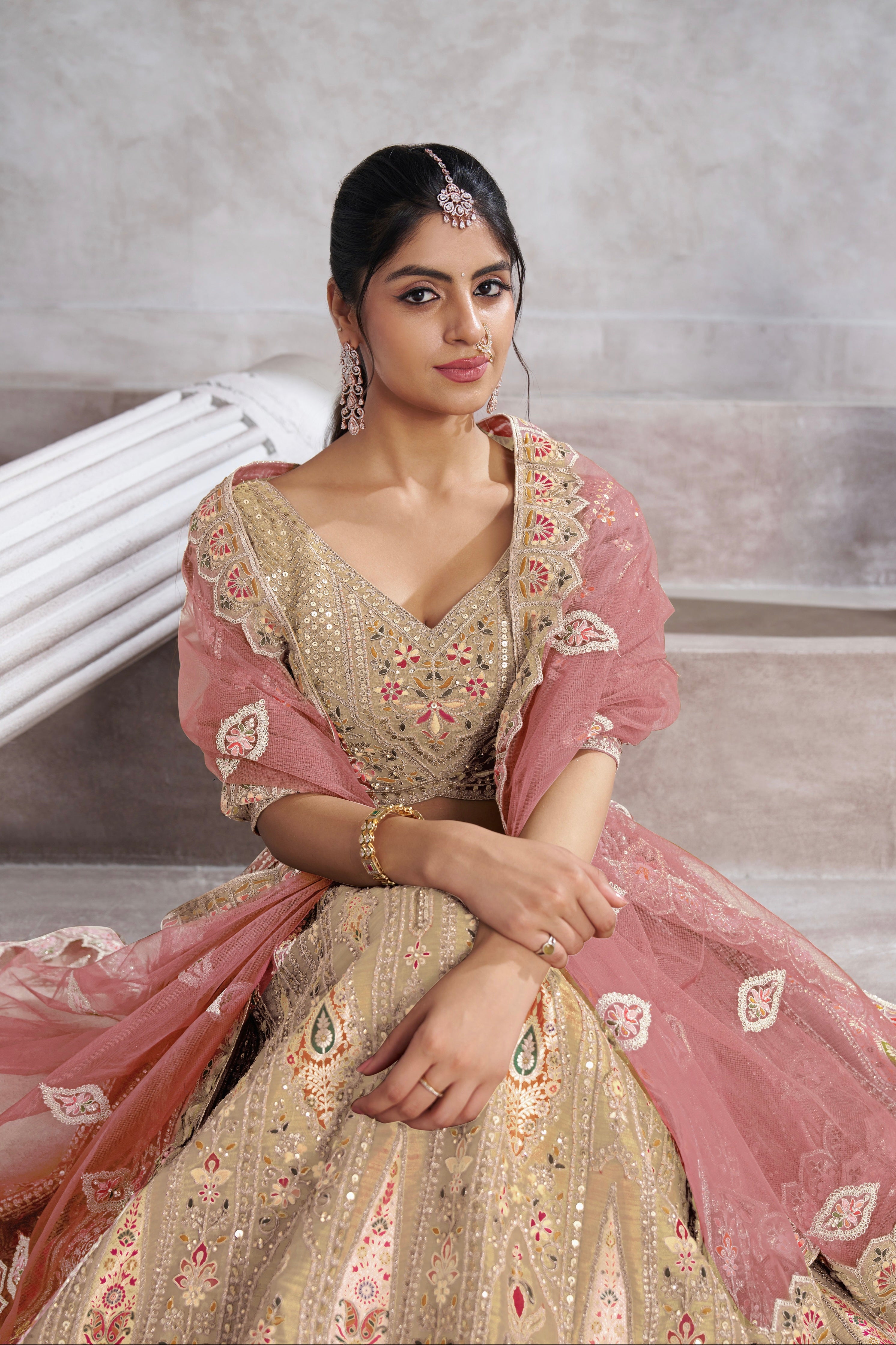 Chiku Banarasi Silk Lehenga with Aari Embroidery
