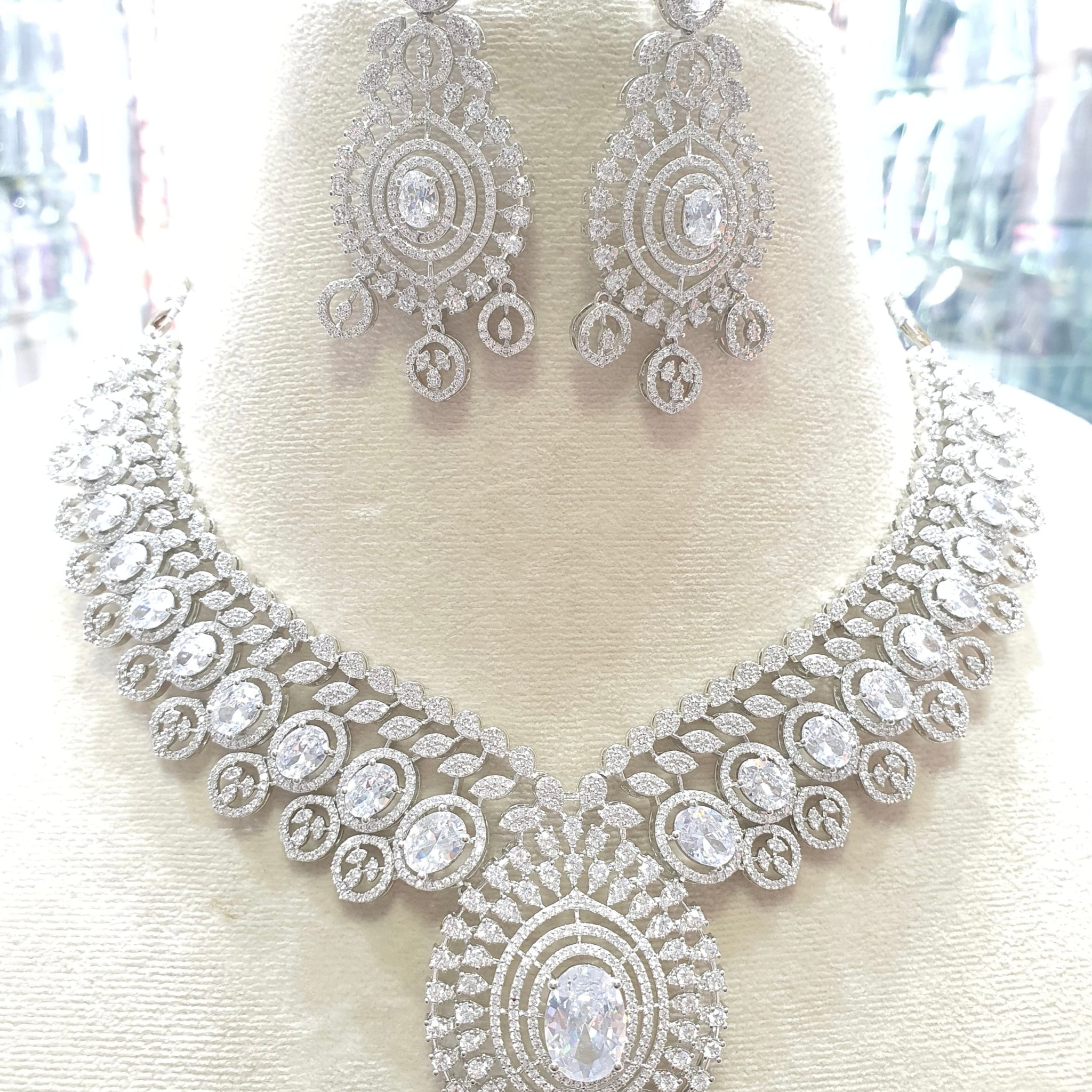 White diamond bridal necklace set with earrings