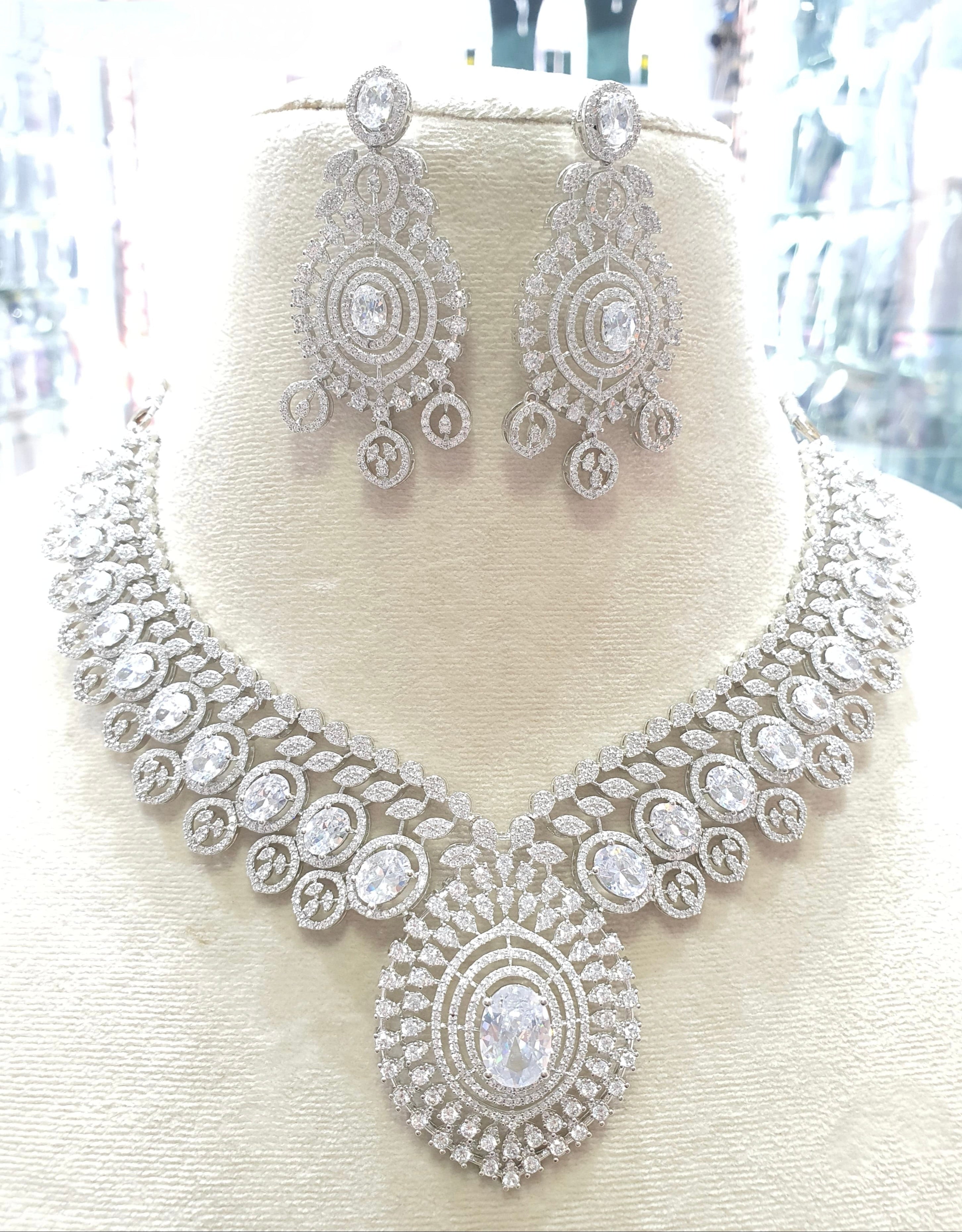 White diamond bridal necklace set with earrings