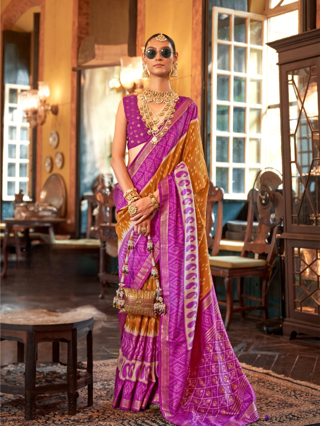 Purple &amp; Gold Designer Patola Silk Saree