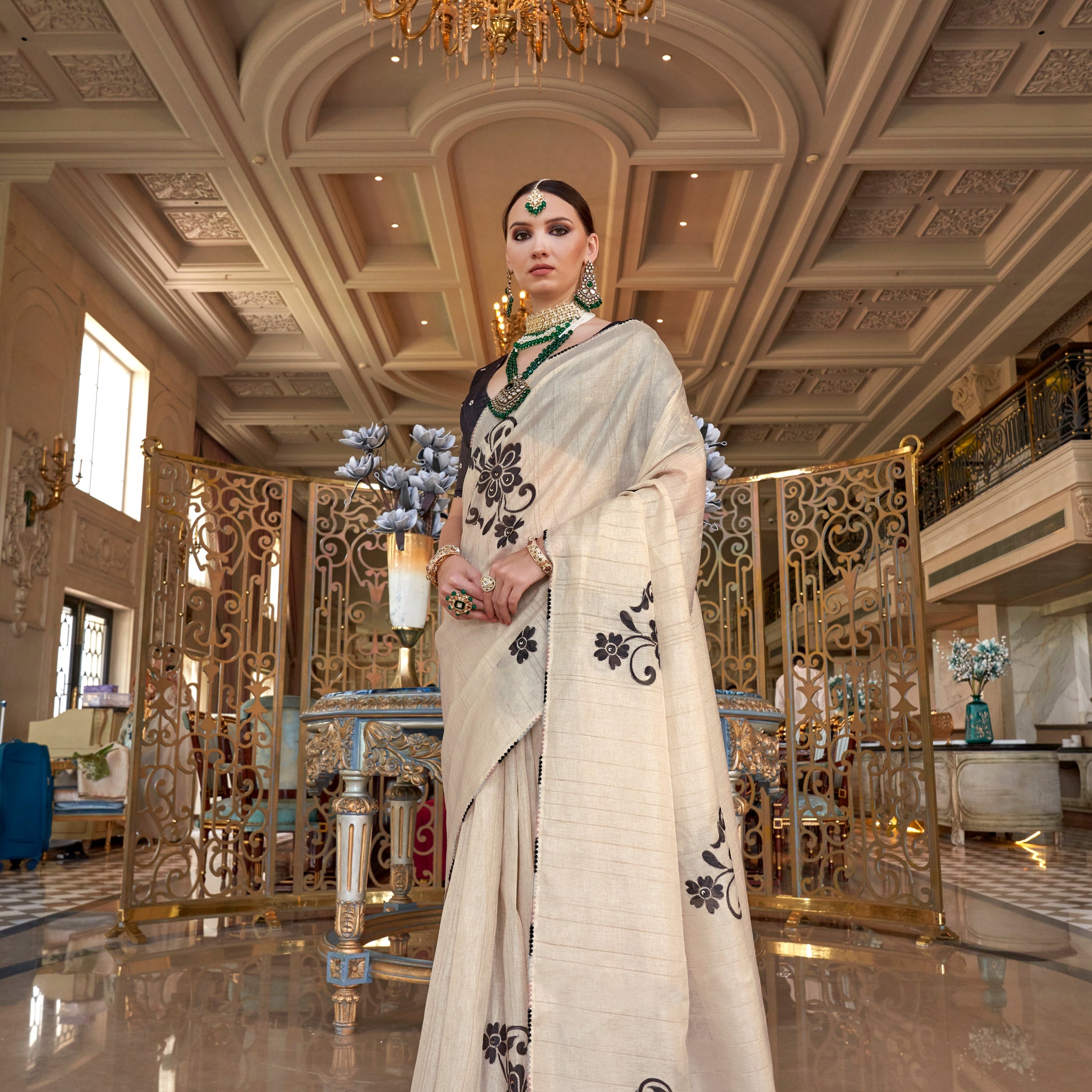 Classic White & Black Hand-Touched Tussar Silk Saree