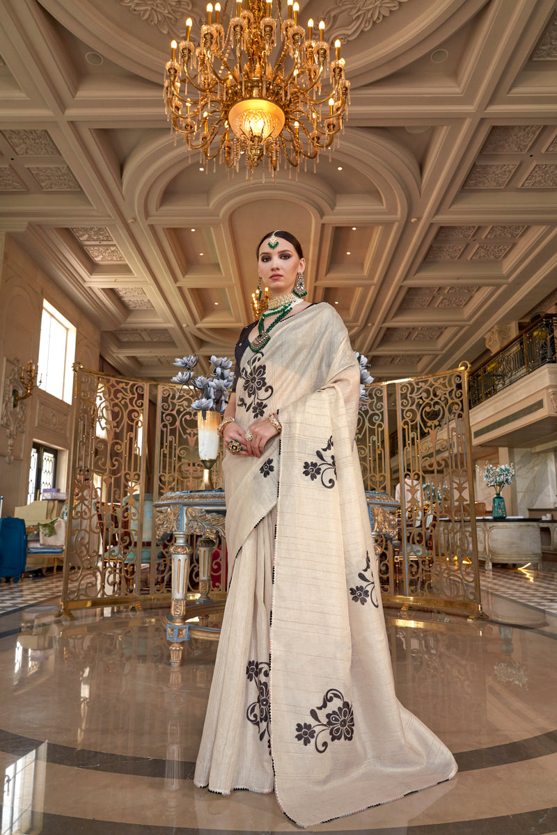 Classic White & Black Hand-Touched Tussar Silk Saree