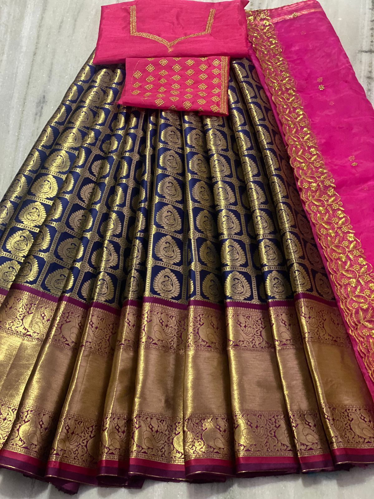 Beautiful Kanjiveram Silk Pure Zari HALF Saree with Blouse Along With Dupptta