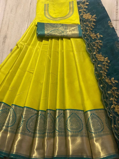 Beautiful Kanjiveram Silk Pure Zari HALF Saree with Blouse Along With Dupptta - Anant Exports