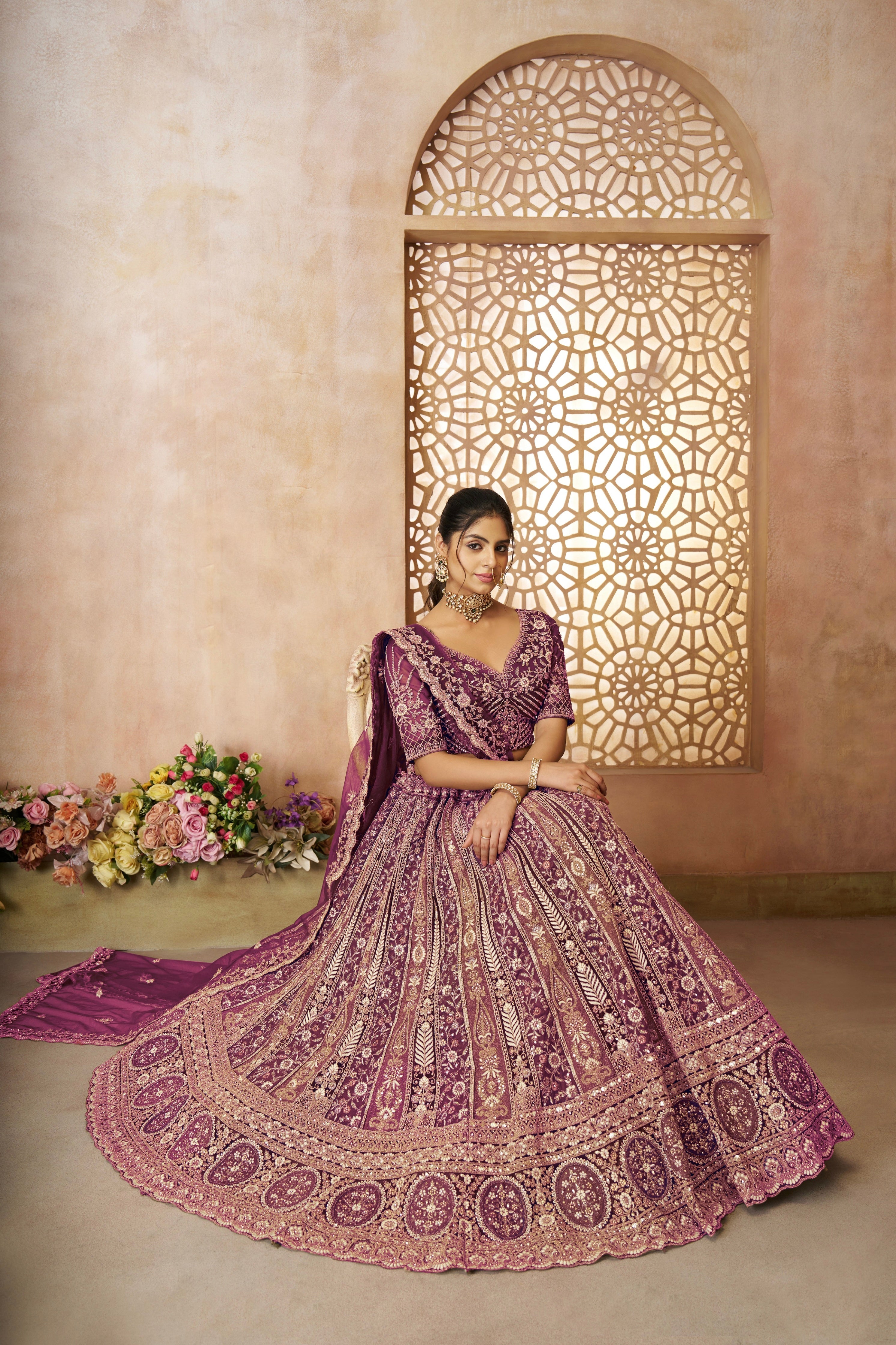 Luxury dark purple wedding lehenga set for Indian brides