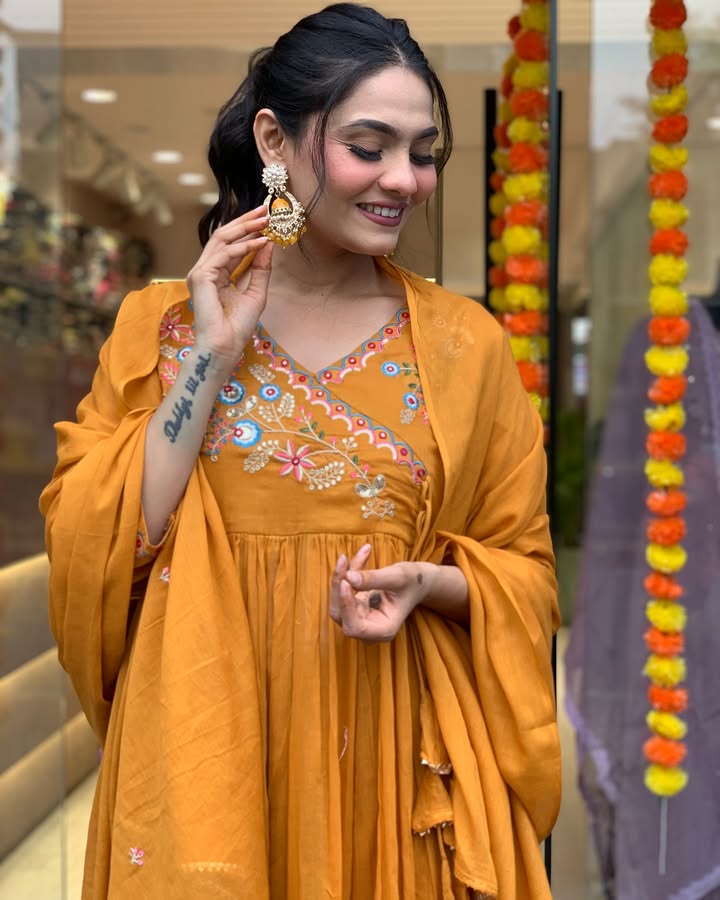 Mustard Viscose Anarkali Kurti Set with Embroidered Dupatta
