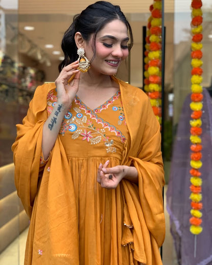 Mustard Viscose Anarkali Kurti Set with Embroidered Dupatta