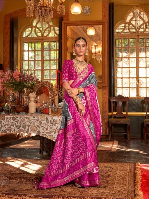 Royal Pink & Blue Patola Silk Saree
