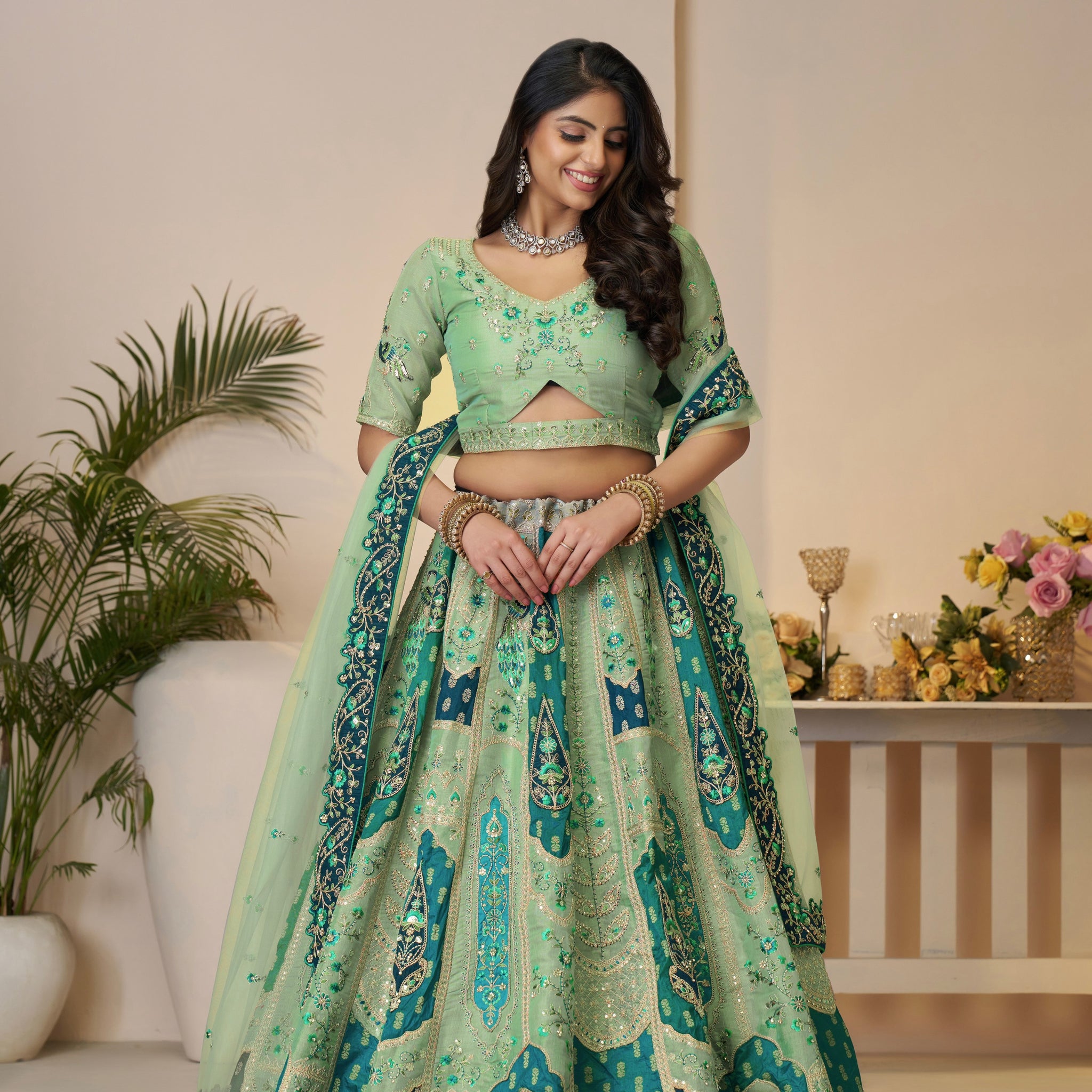 Green Banarasi Silk Lehenga Choli Set