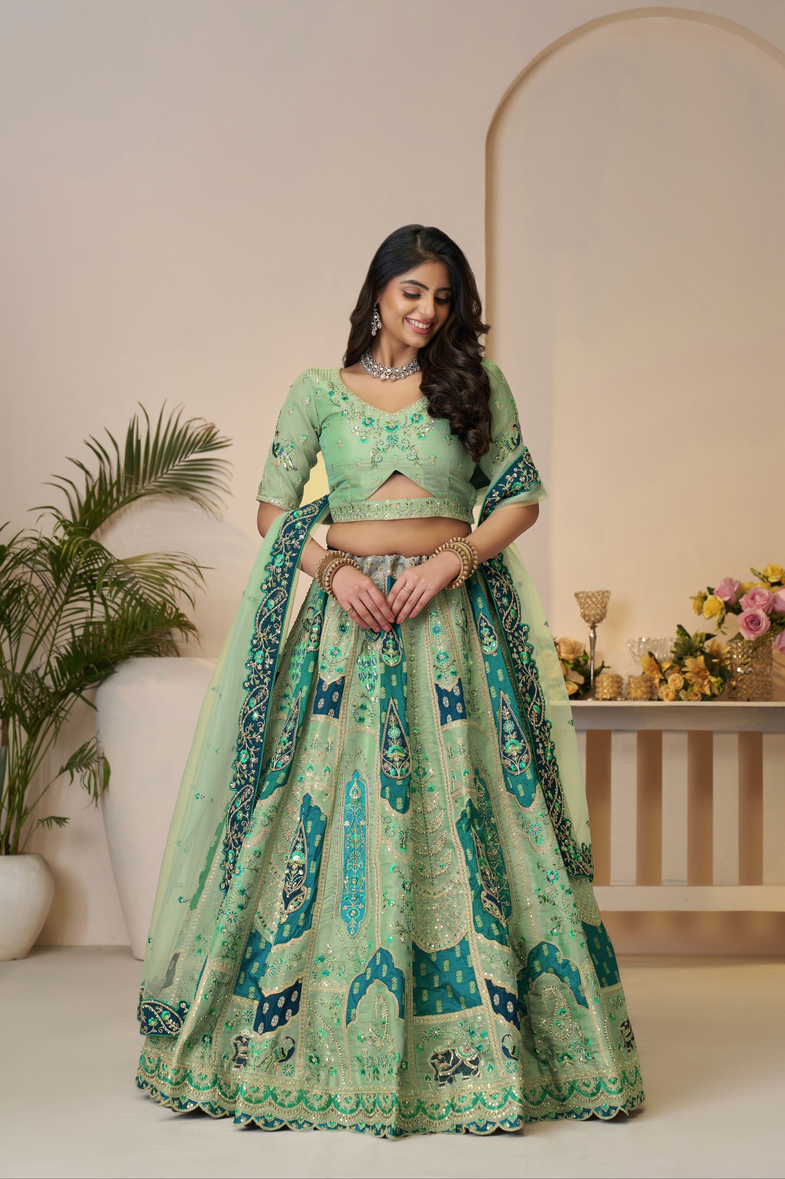 Green Banarasi Silk Lehenga Choli Set