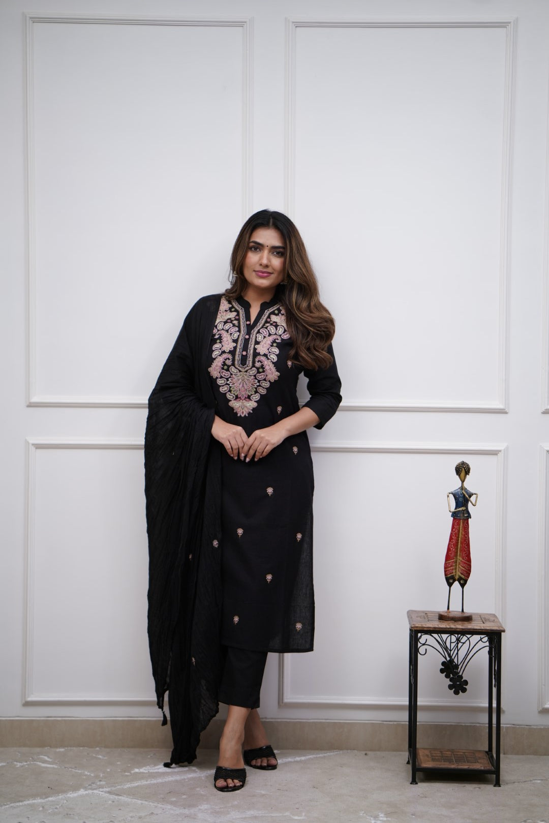 Black Viscose Chanderi Kurti Set with Embroidery & Dupatta