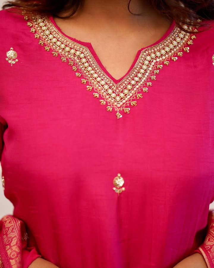 Pink Viscose Chanderi Kurti Set with Jacquard Dupatta