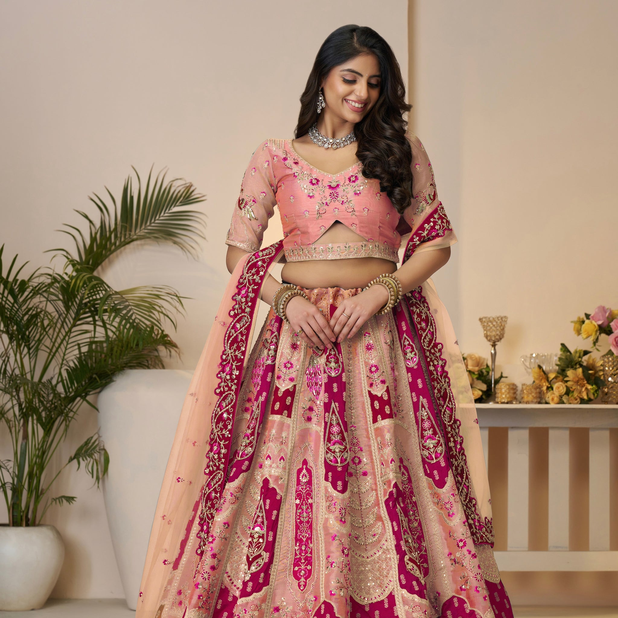 Orange Banarasi Silk Lehenga with Net Dupatta
