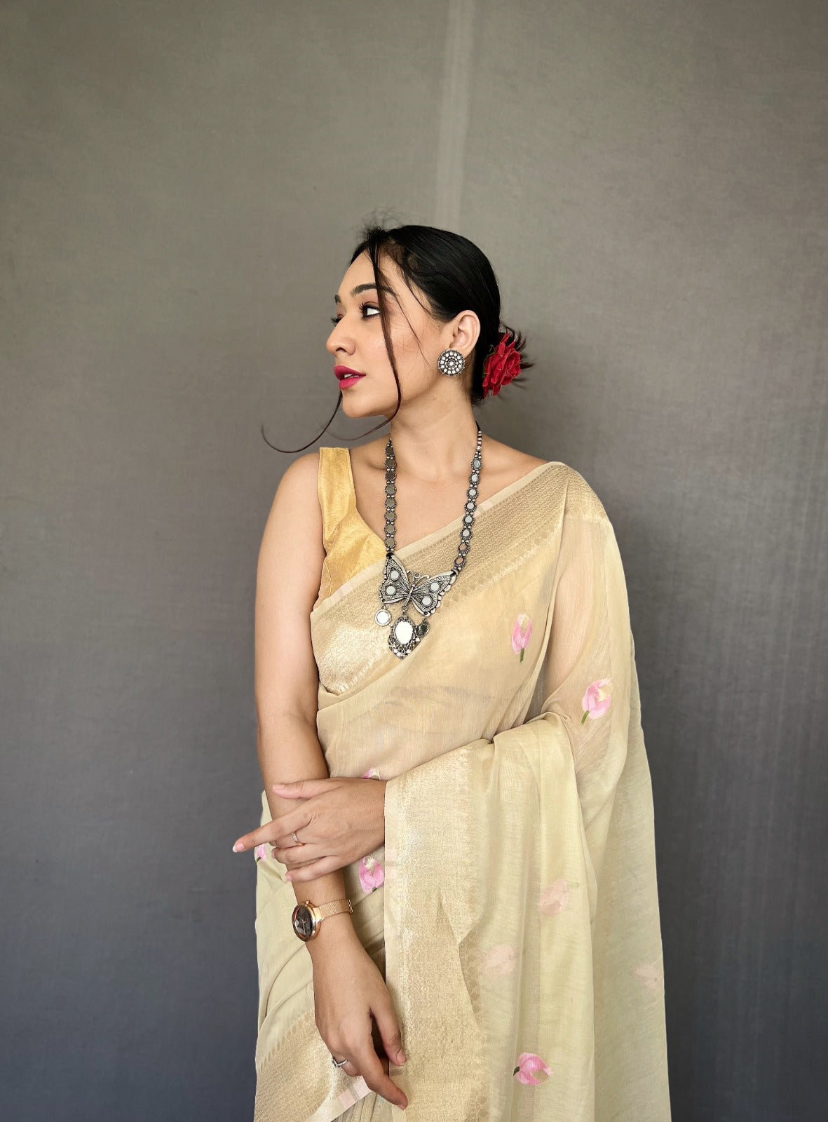 Party Wear Designer Lotus Pure Cotton Linen Saree