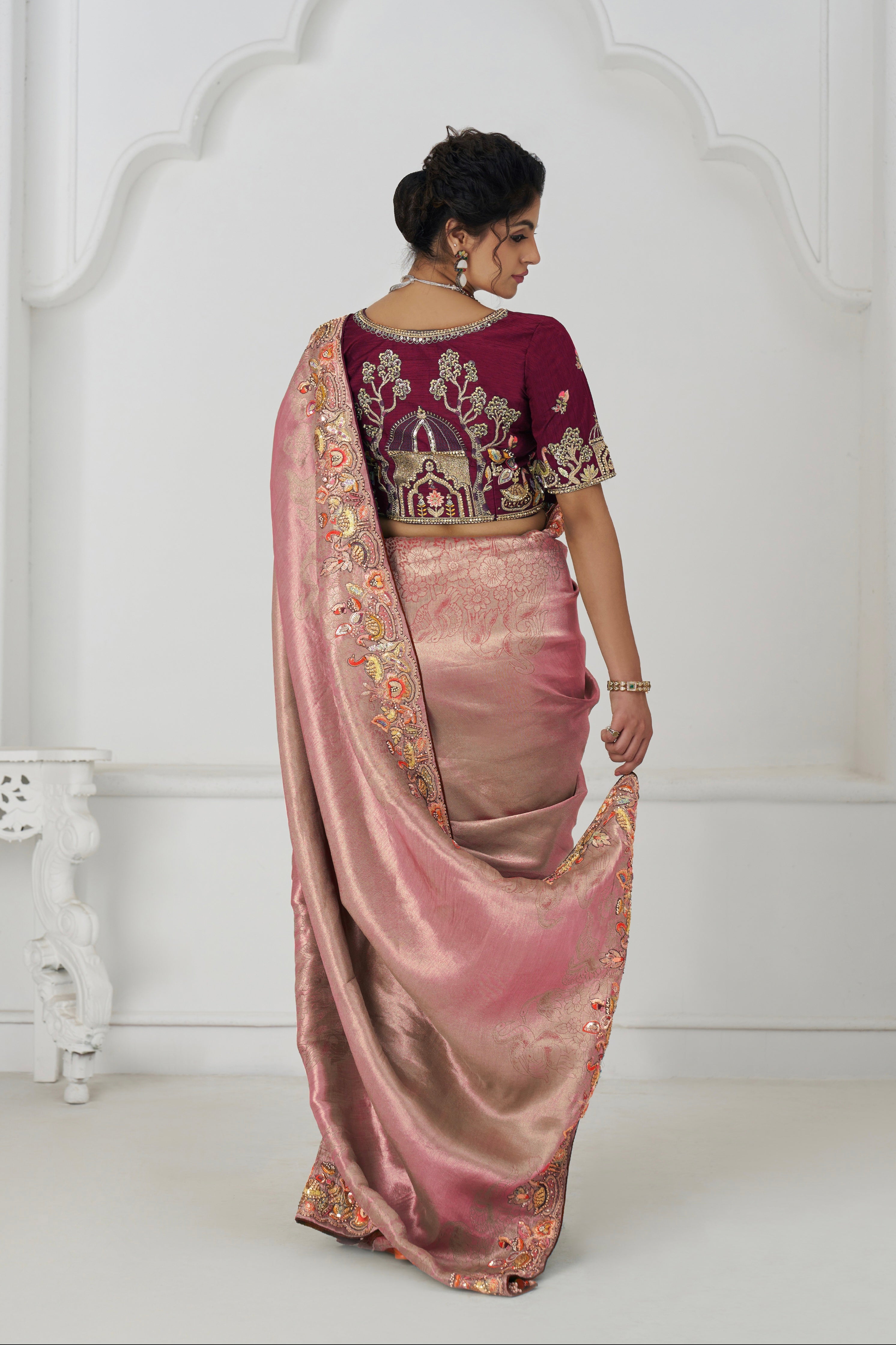 Bridal pink silk saree with beads and blouse piece

