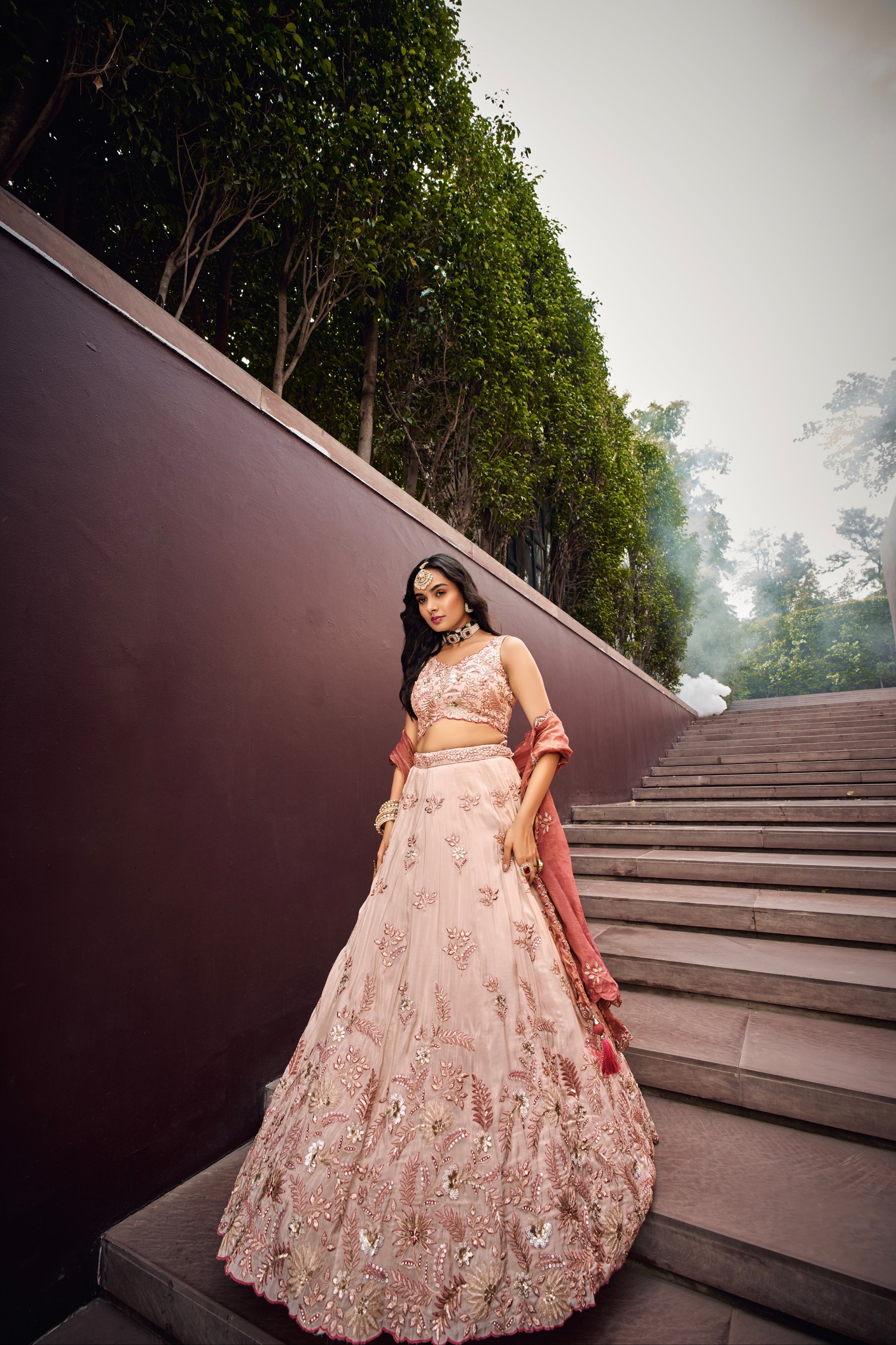 Cream & Rose Gold Embroidered Bridal Lehenga with Viscose Dupatta Cream & Rose Gold Embroidered Bridal Lehenga with Viscose Dupatta