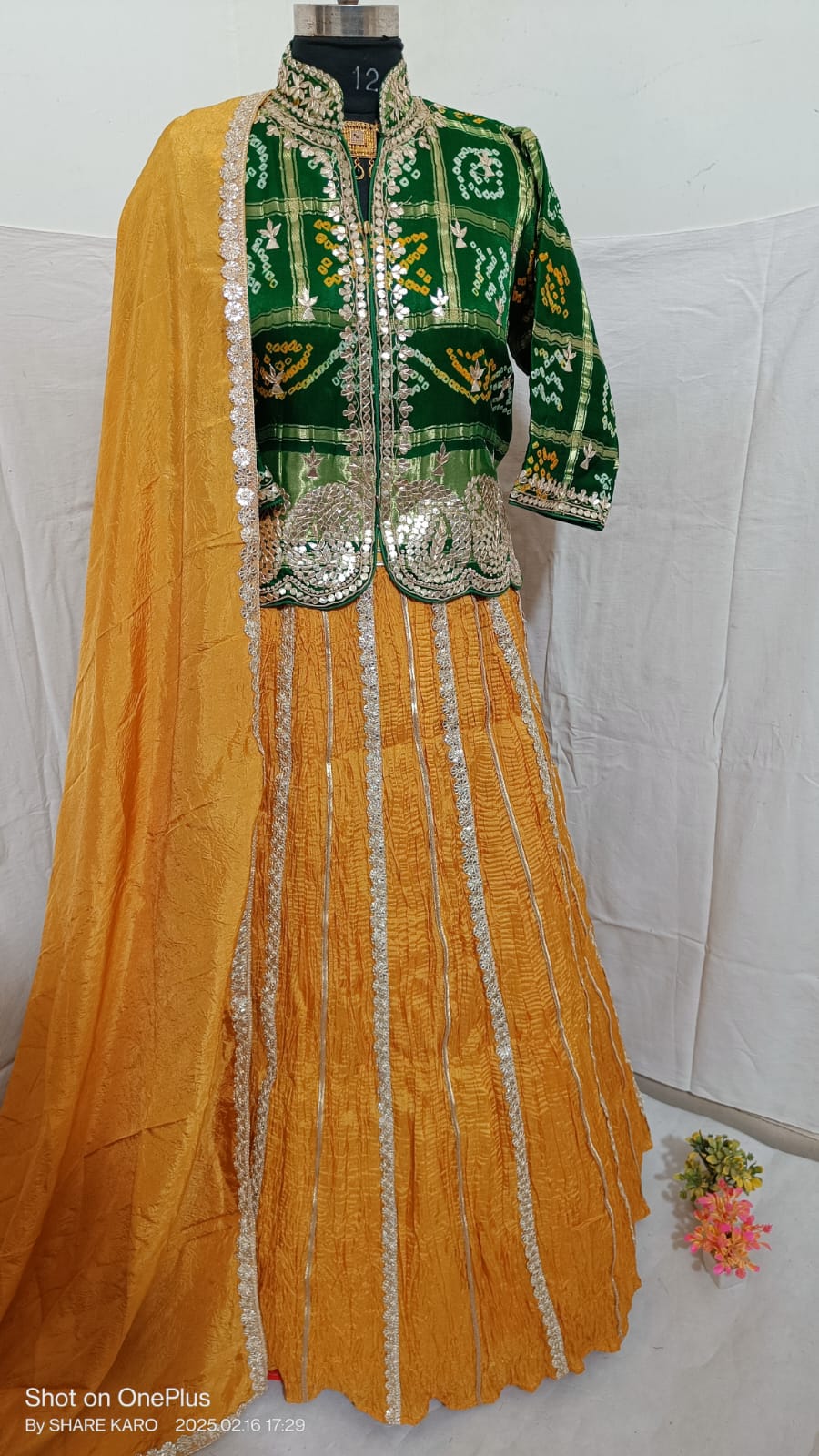 Yellow &amp; Green Pure Upada Crush Gajji Silk Gharchola Rajsthani Lehenga Choli 