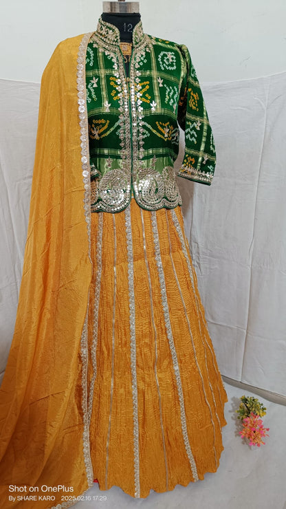Yellow &amp; Green Pure Upada Crush Gajji Silk Gharchola Rajsthani Lehenga Choli 
