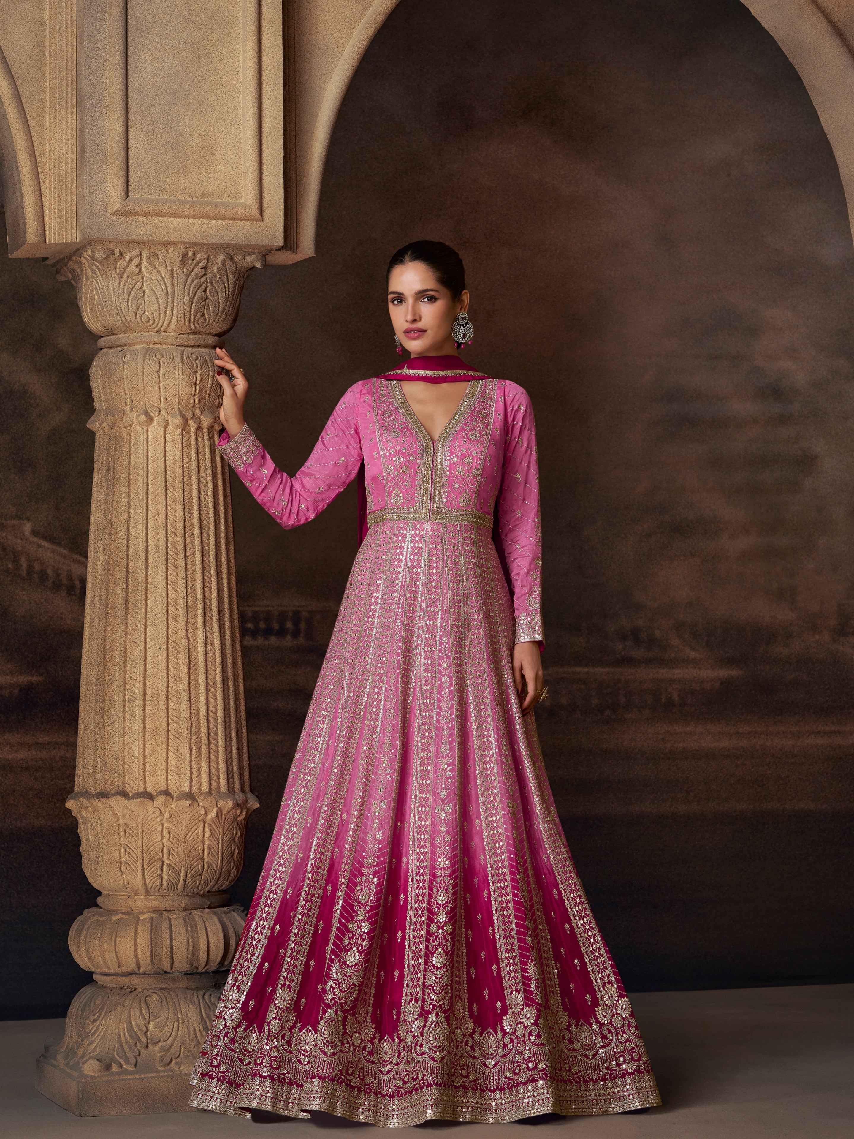 Fuchsia Pink and Gold Heavy Embroidered Anarkali Suit