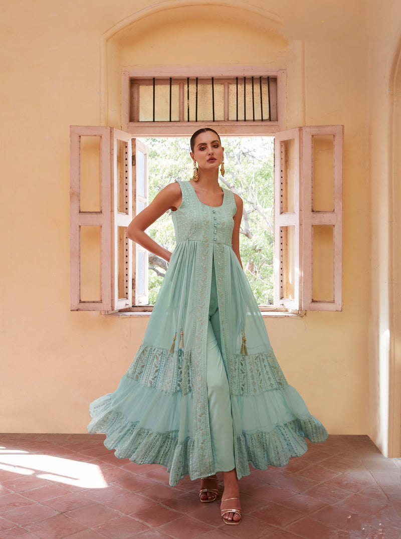 Firozi Anarkali In Georgette With Sequins, Thread And Zari Embroidery