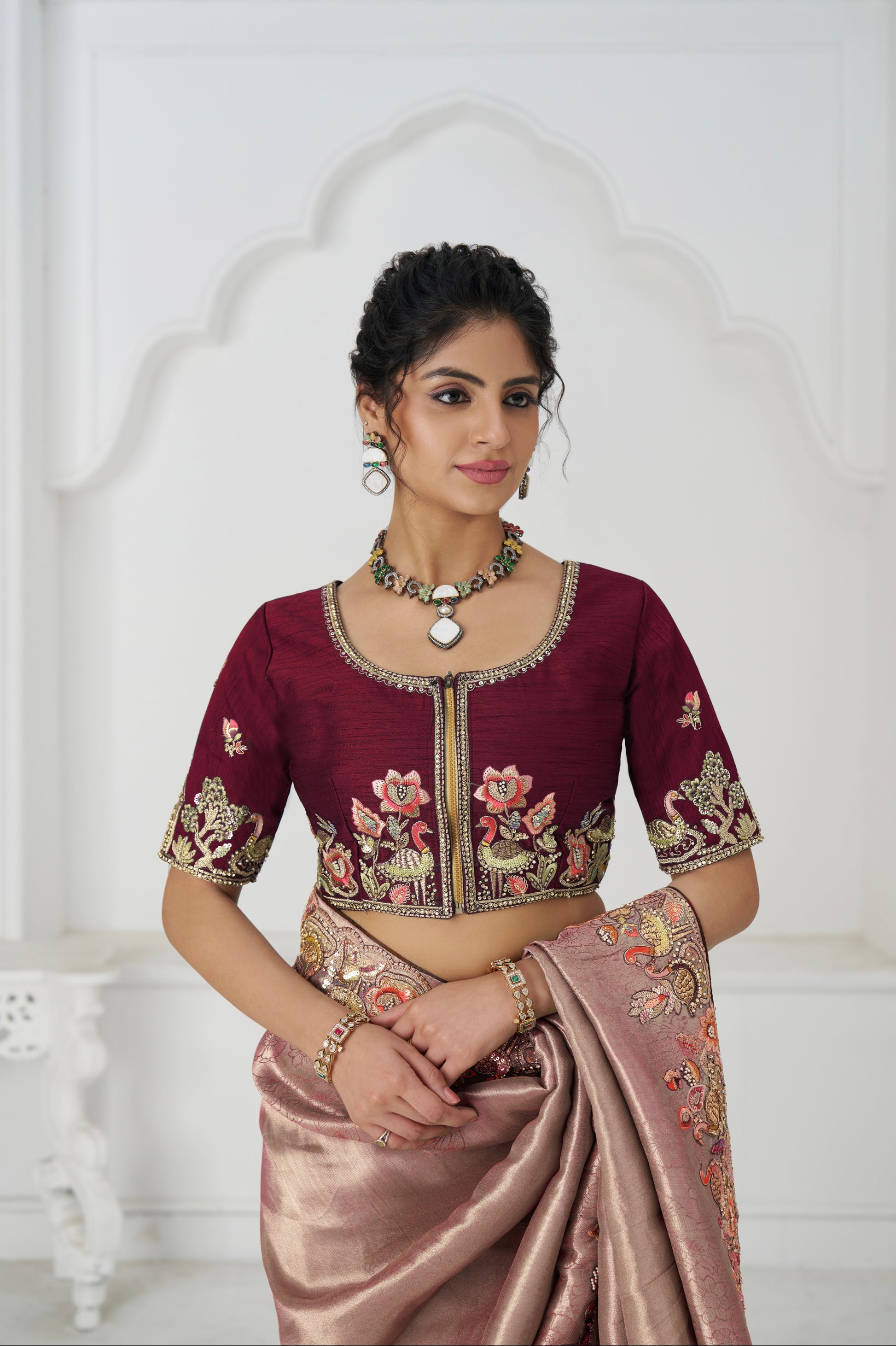 Party wear embroidered pink Dola saree