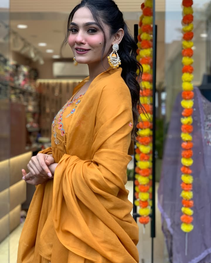 Mustard Viscose Anarkali Kurti Set with Embroidered Dupatta