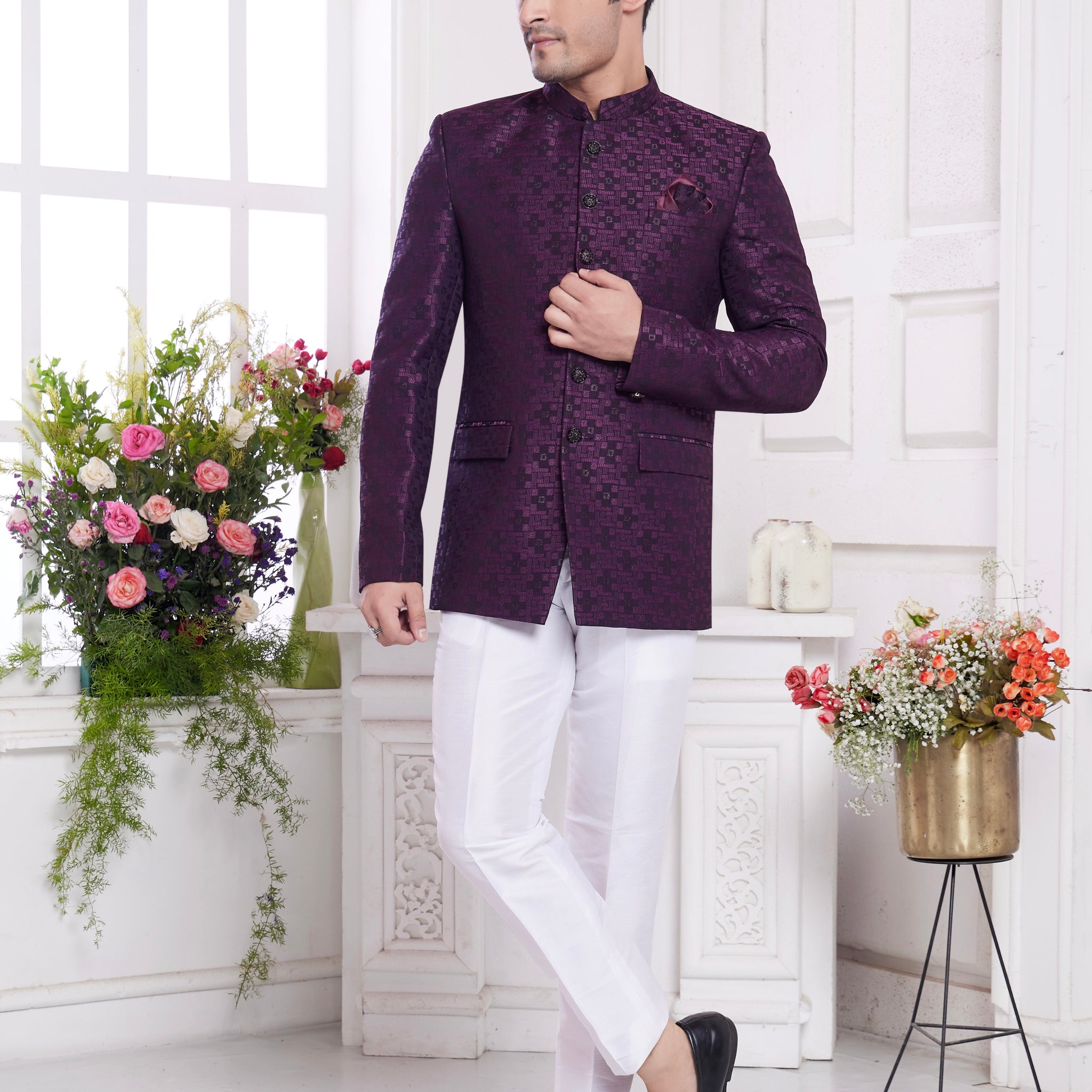 Wine maroon jacquard jodhpuri suit

