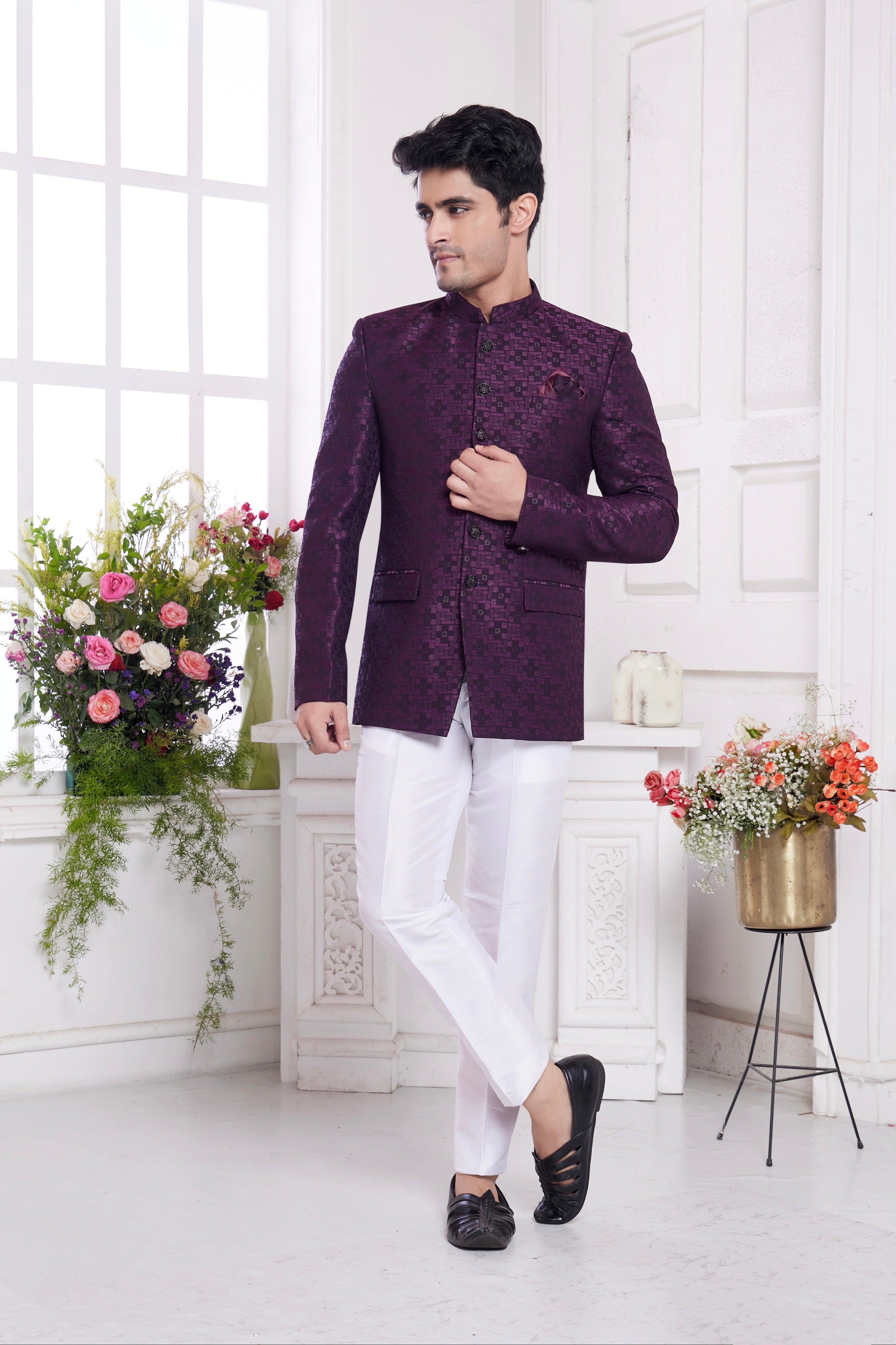 Wine maroon jacquard jodhpuri suit

