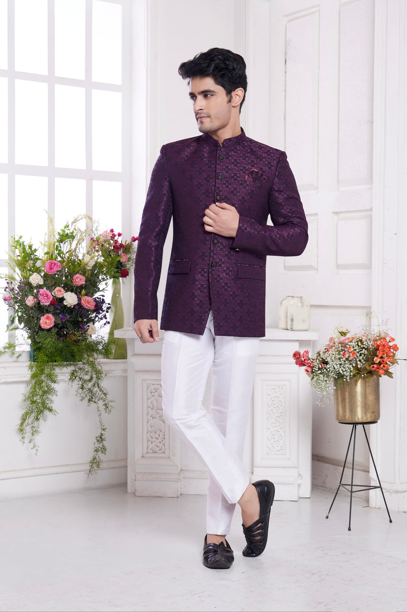 Wine maroon jacquard jodhpuri suit

