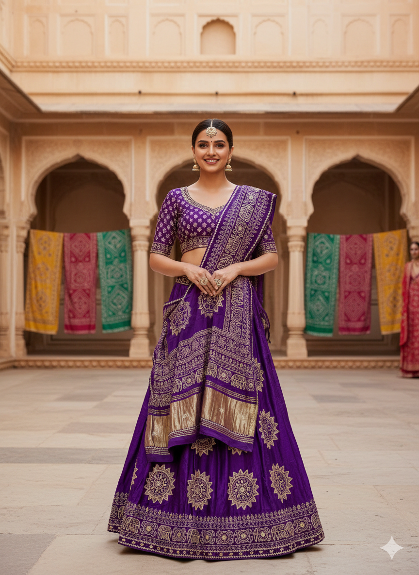 Purple Pure Modal Gajji Silk Rajsthani Lehenga Choli ##color## Gharchola Lehenga Choli with premium fabric and embroidery